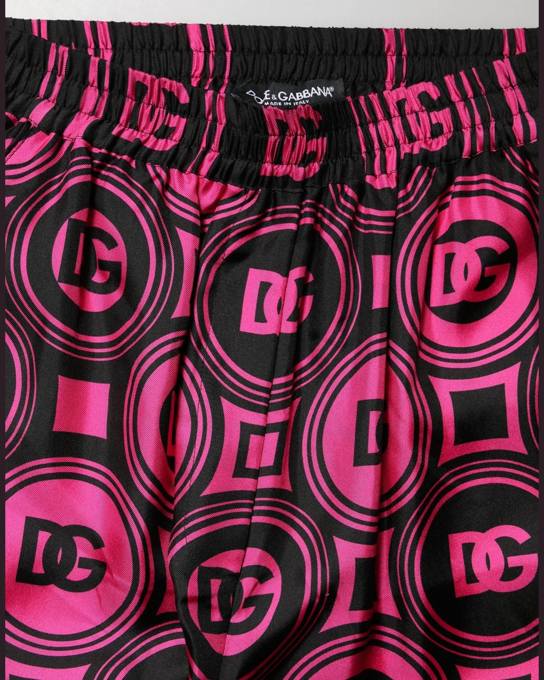 Dolce & Gabbana Black Silk Fuchsia Logo Elastic Waist Shorts