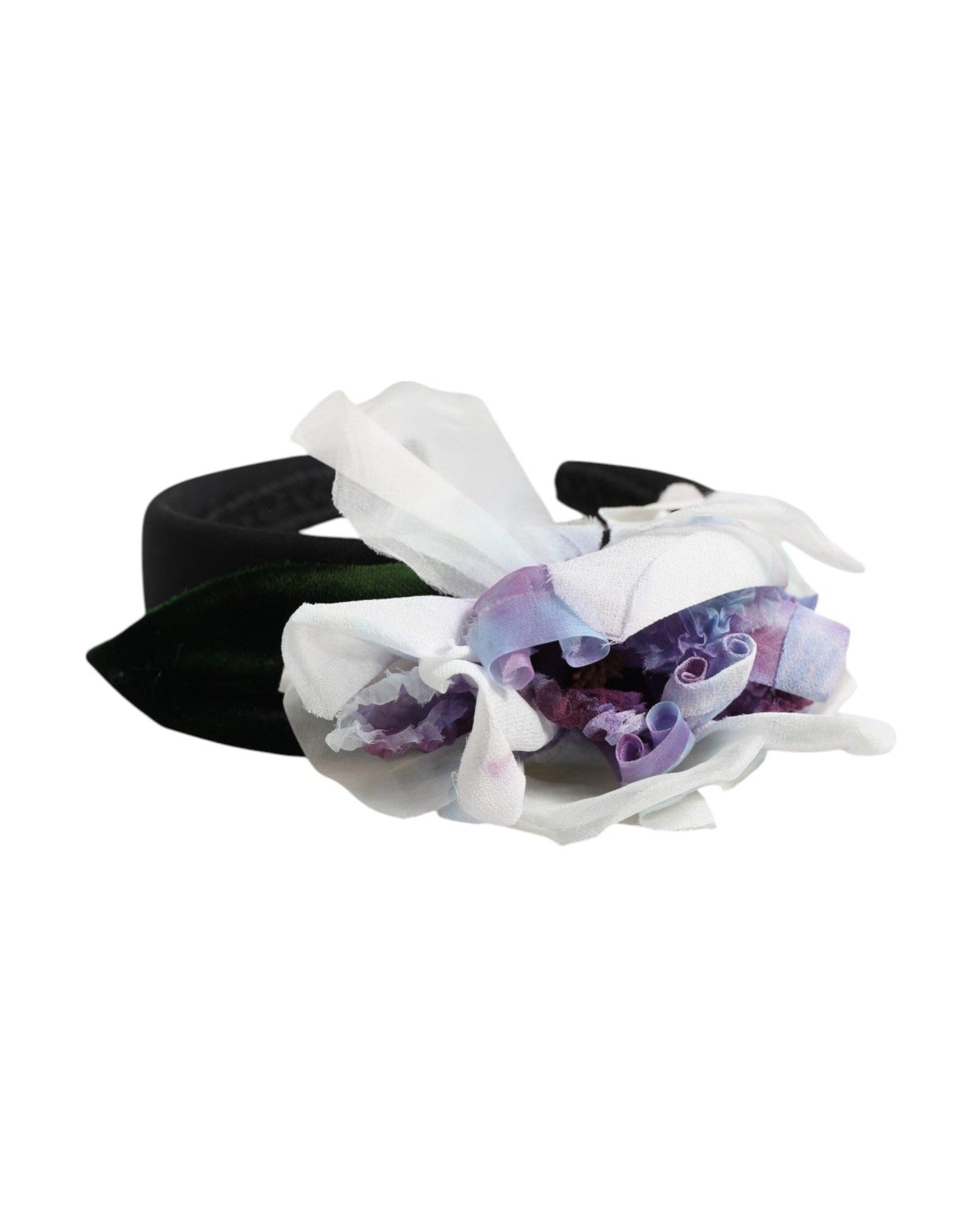 Dolce & Gabbana Black Silk Green Purple White Floral Appliqué Accessory Headband Glam Steals