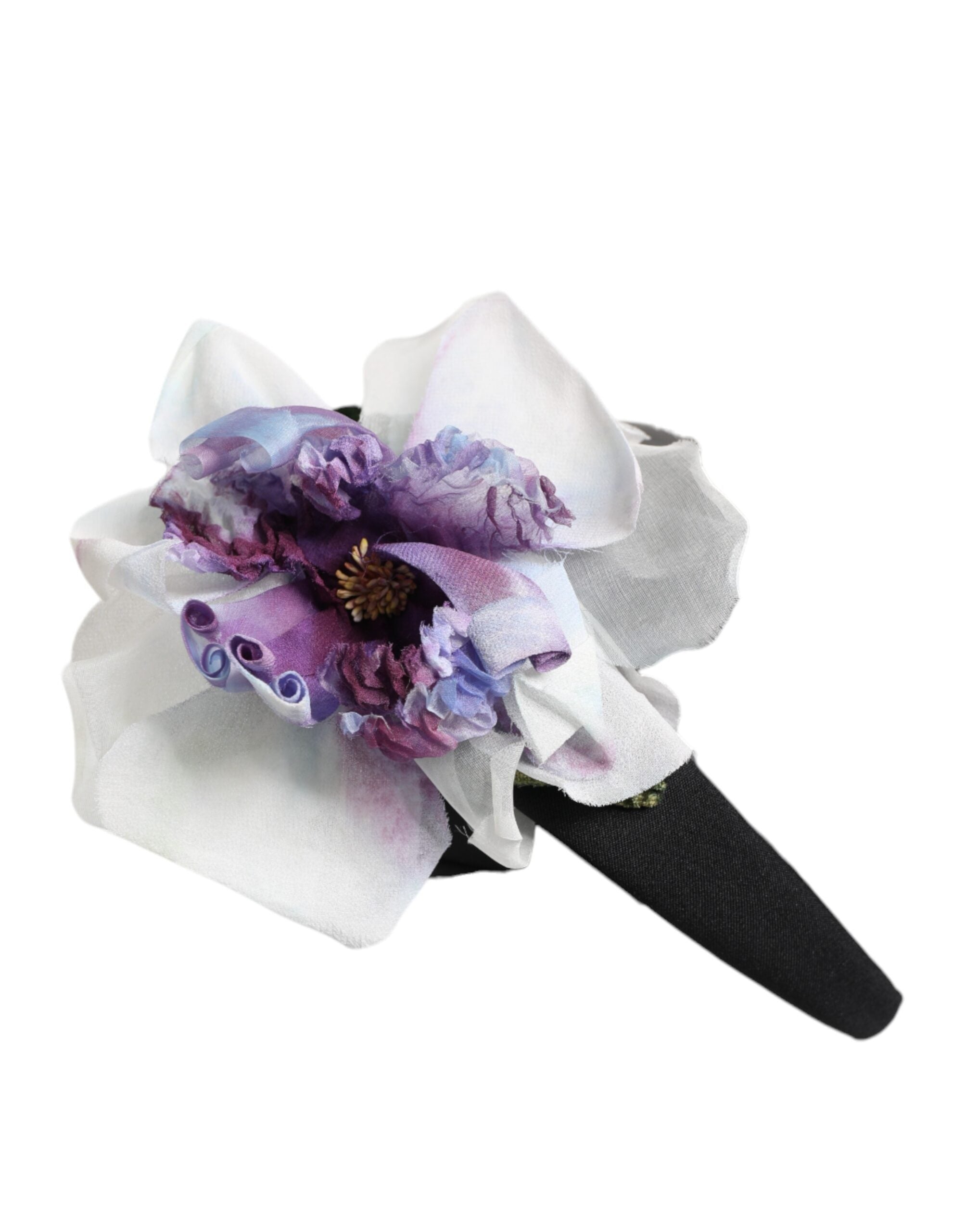 Dolce & Gabbana Black Silk Green Purple White Floral Appliqué Accessory Headband Glam Steals