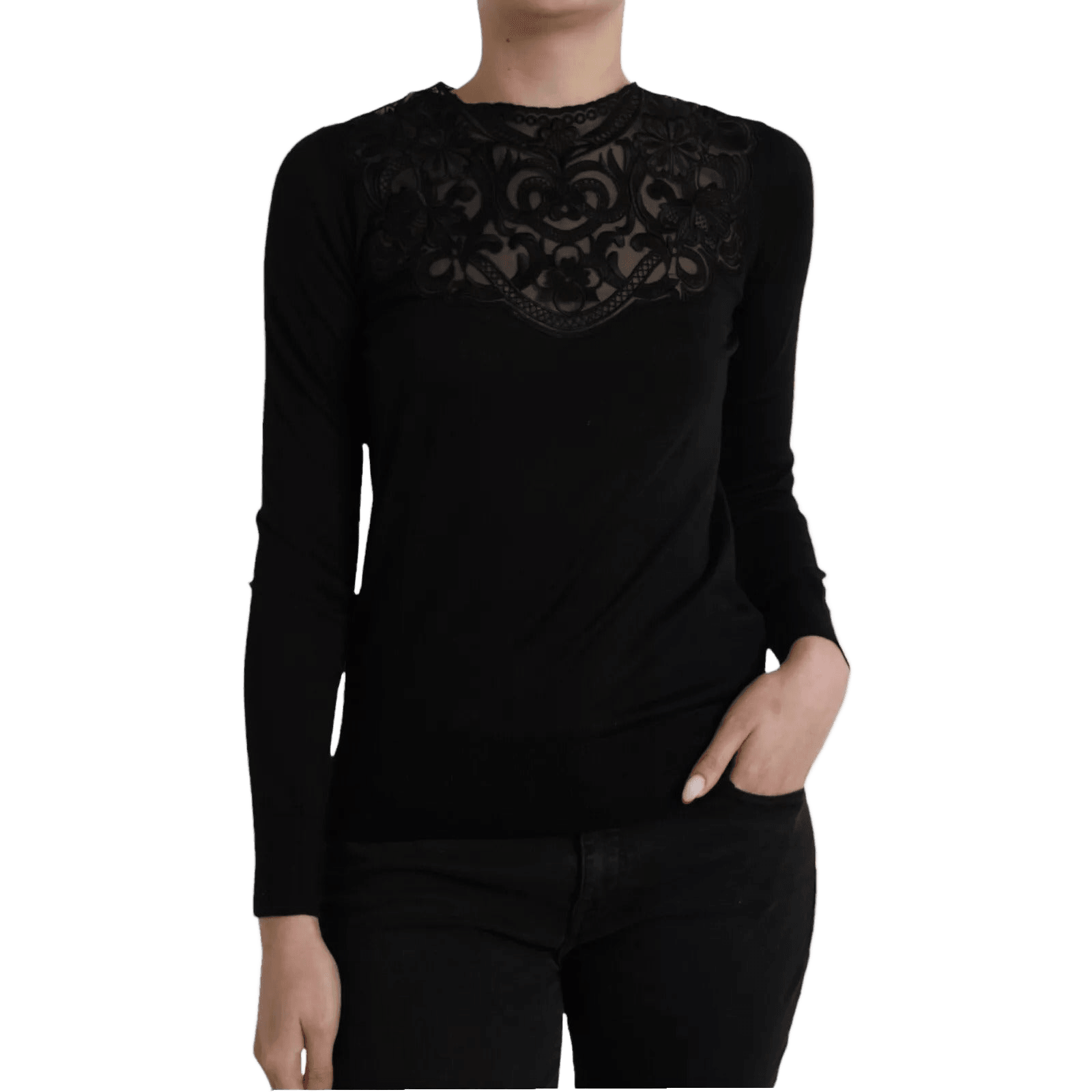 Dolce & Gabbana Black Silk Lace Trim Long Sleeves Blouse Top Glam Steals