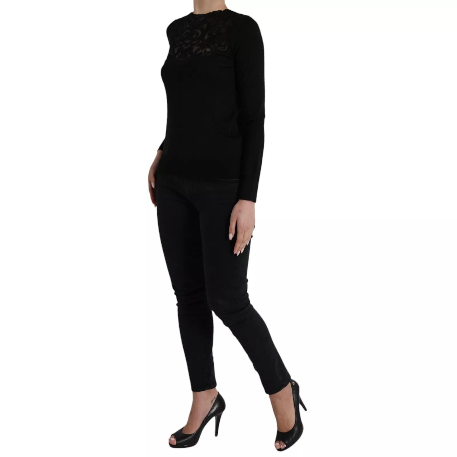 Dolce & Gabbana Black Silk Lace Trim Long Sleeves Blouse Top Glam Steals