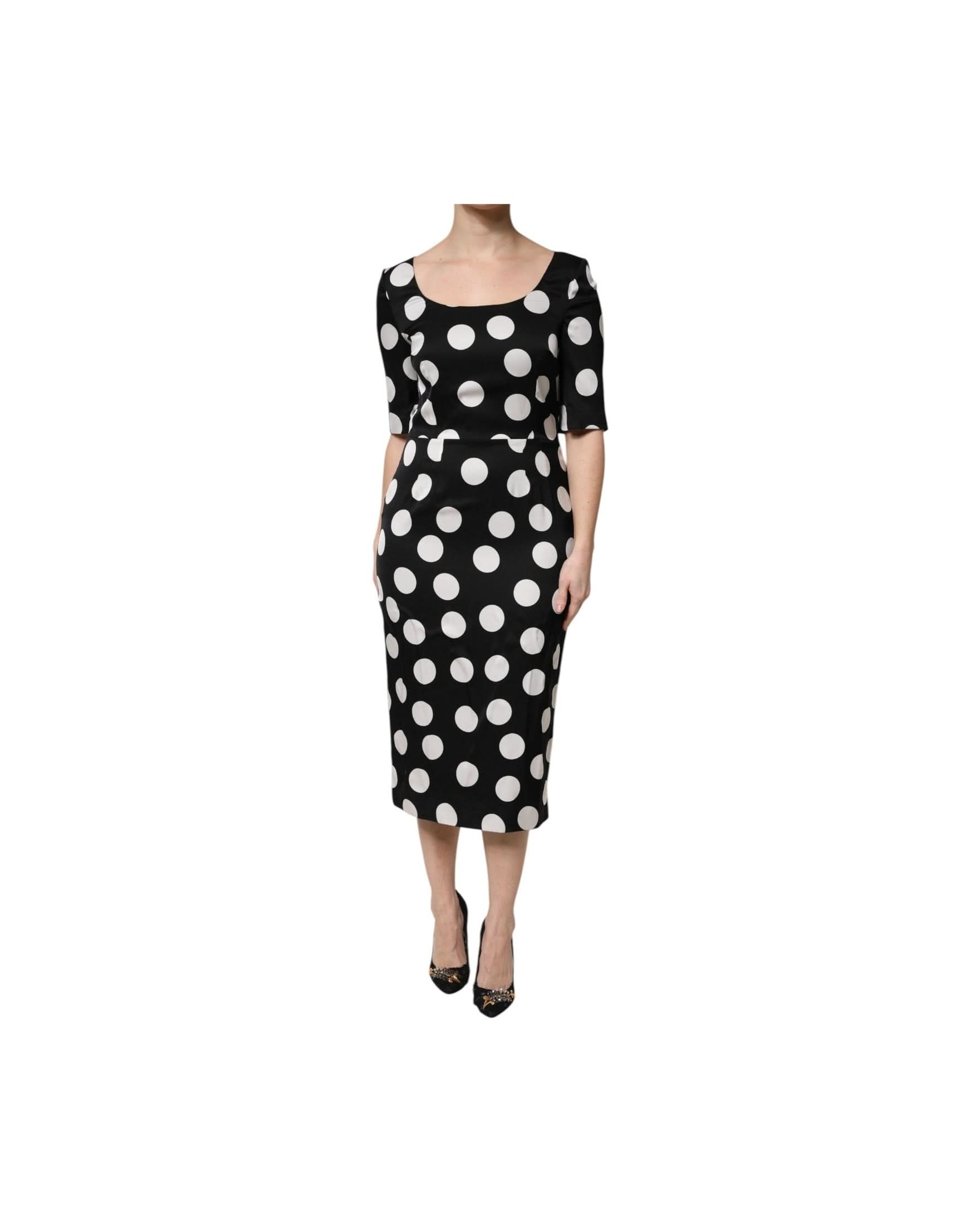 Dolce & Gabbana Black Silk White Polka Dot Sheath Midi Dress
