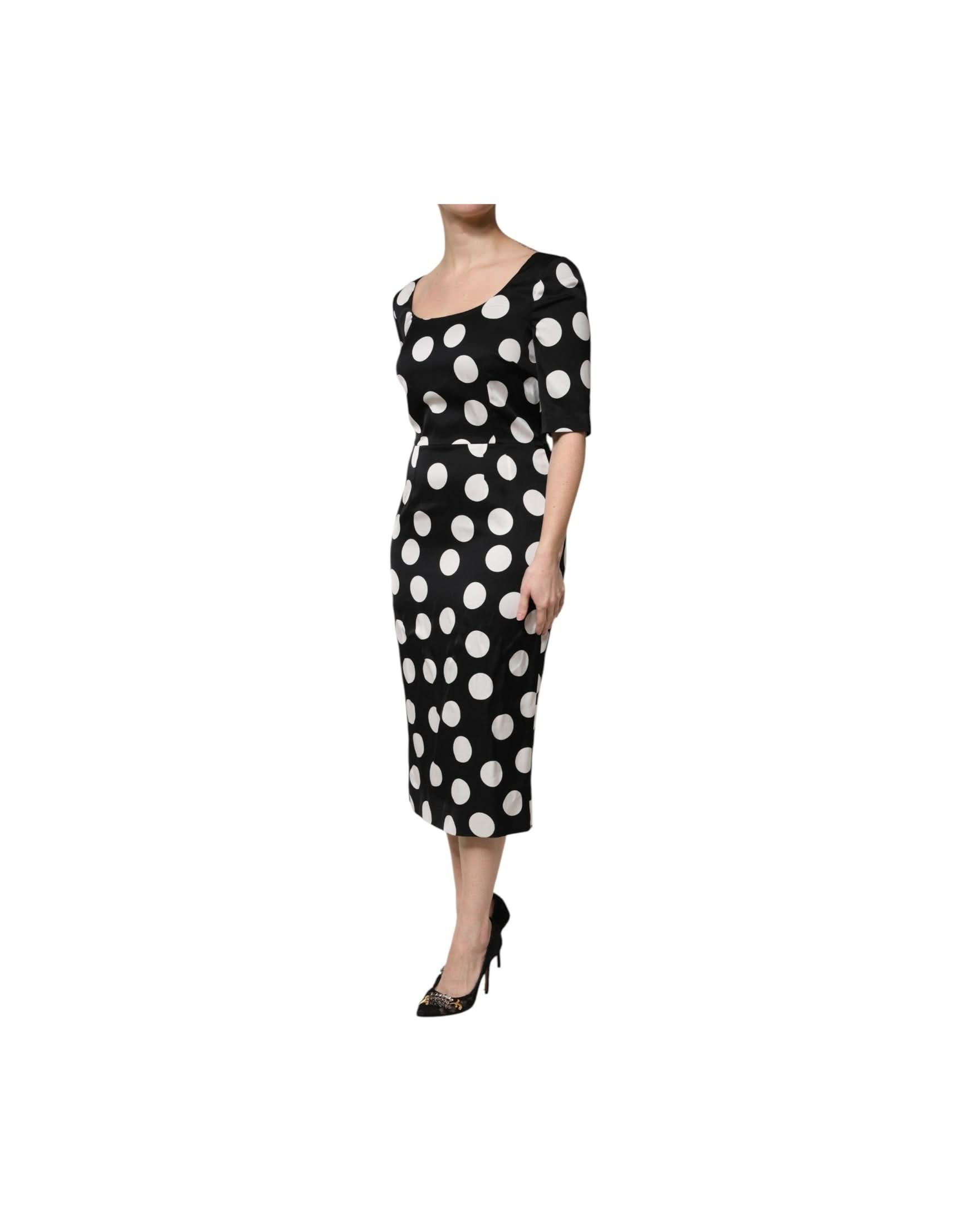 Dolce & Gabbana Black Silk White Polka Dot Sheath Midi Dress