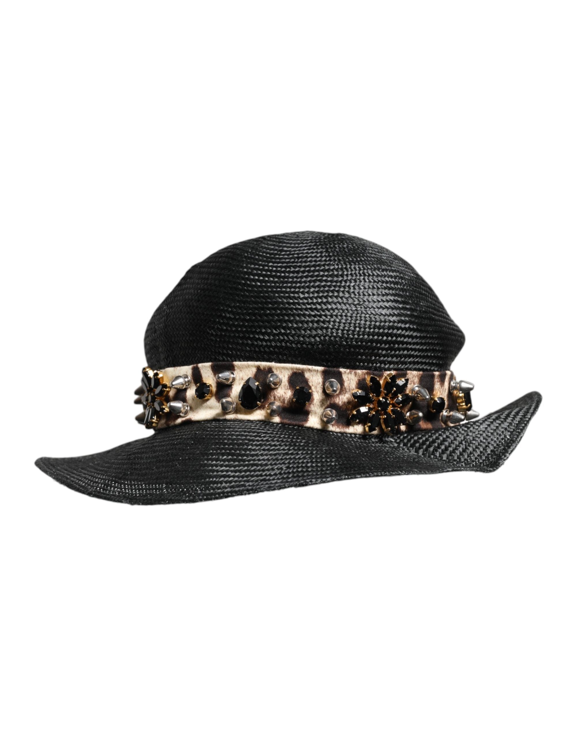 Dolce & Gabbana Black Straw Crystal Embellished Wide Brim Hat Glam Steals