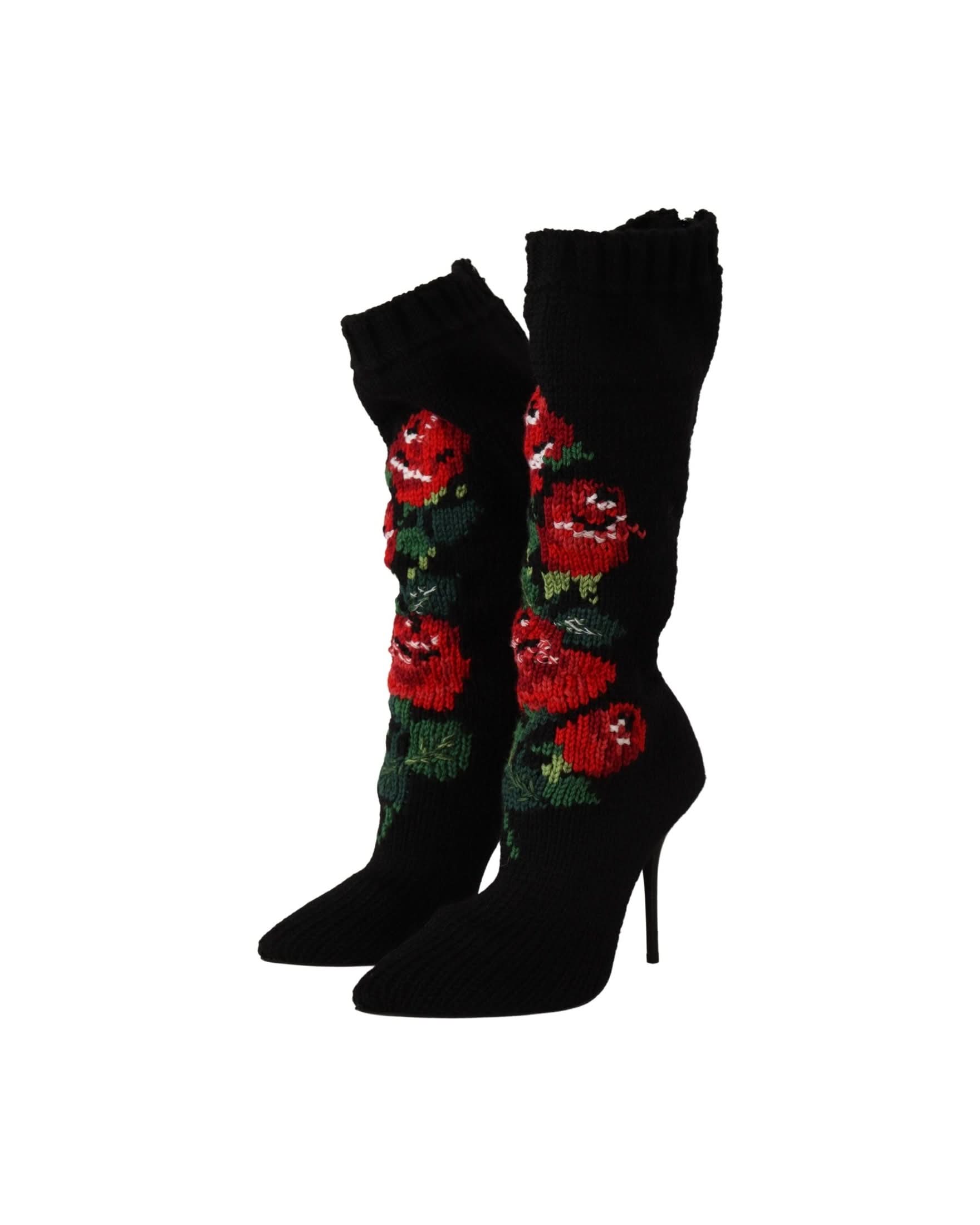 Dolce & Gabbana Black Stretch Socks Red Roses Booties Shoes Boots