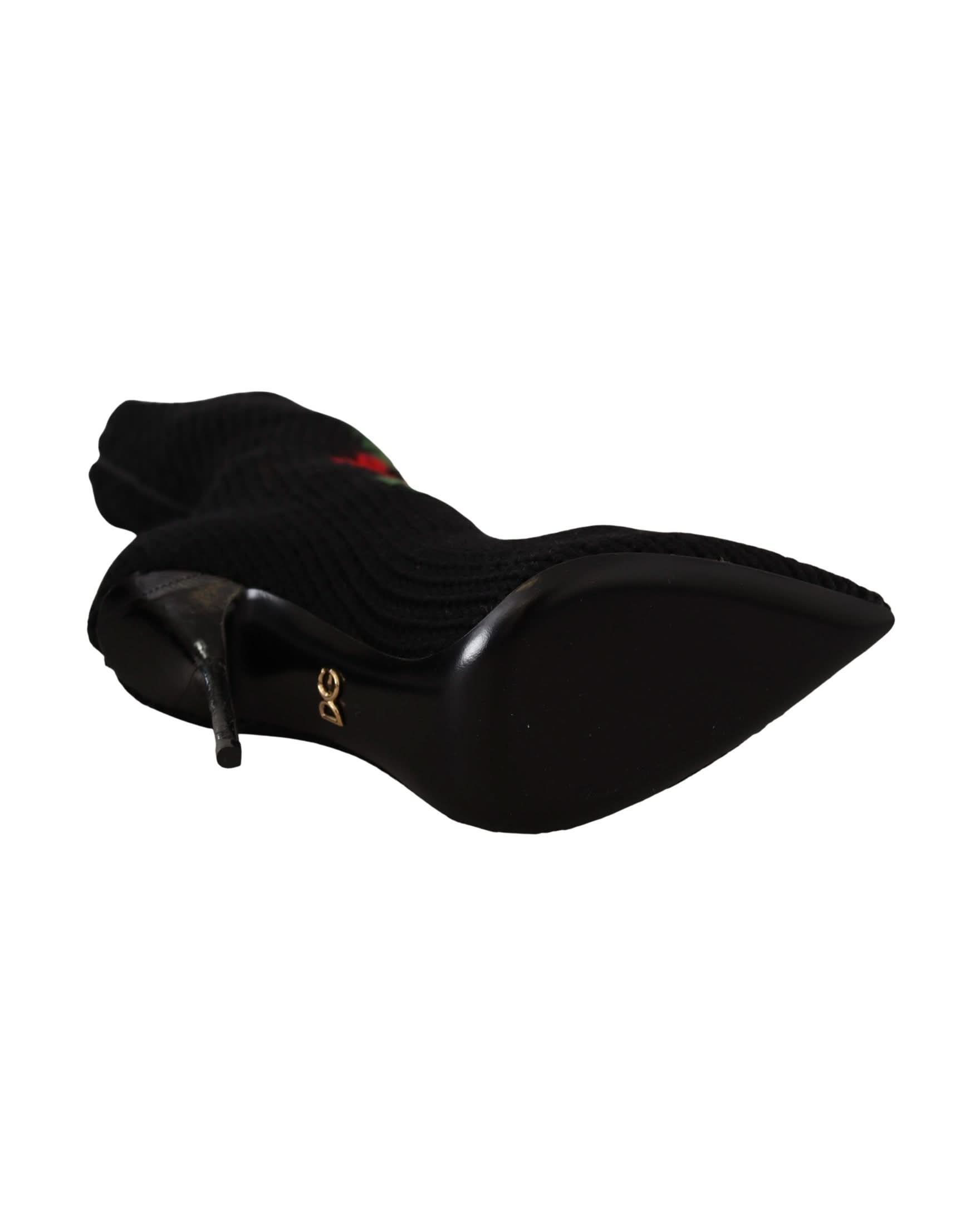 Dolce & Gabbana Black Stretch Socks Red Roses Booties Shoes Boots