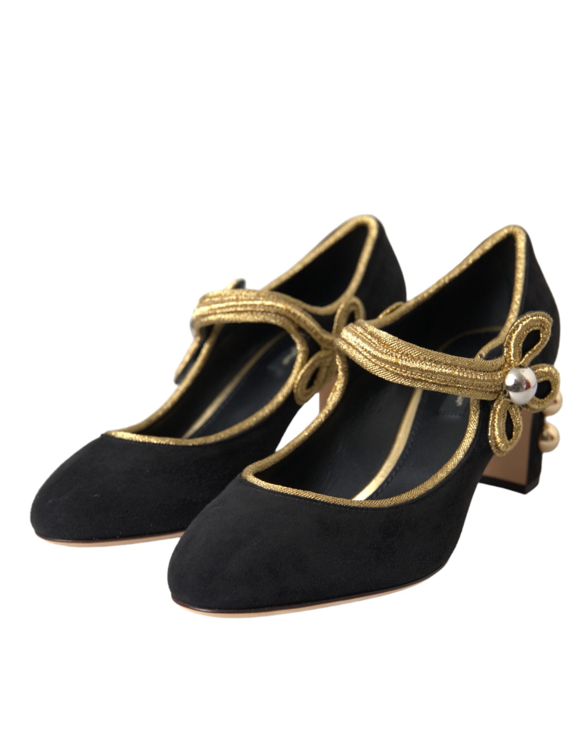 Dolce & Gabbana Black Suede Gold Mary Janes Heels Pumps Shoes Glam Steals