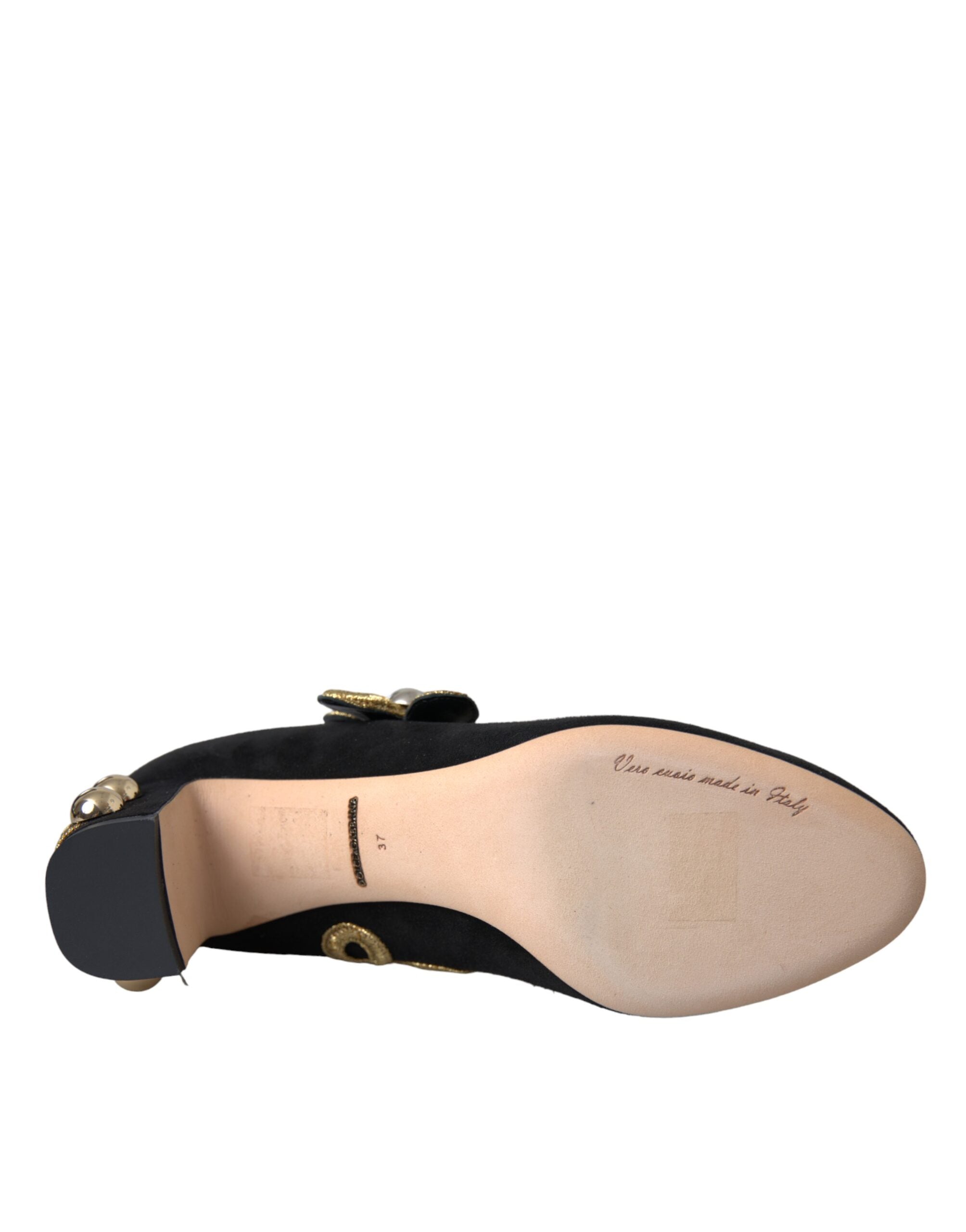 Dolce & Gabbana Black Suede Gold Mary Janes Heels Pumps Shoes Glam Steals