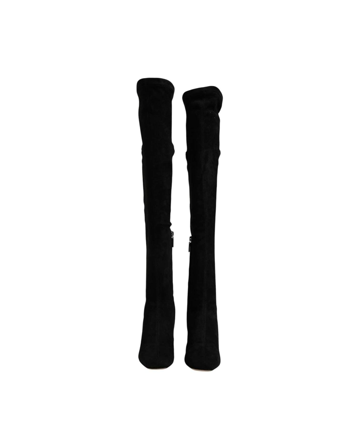 Dolce & Gabbana Black Suede Leather Knee High Boots Shoes Boots