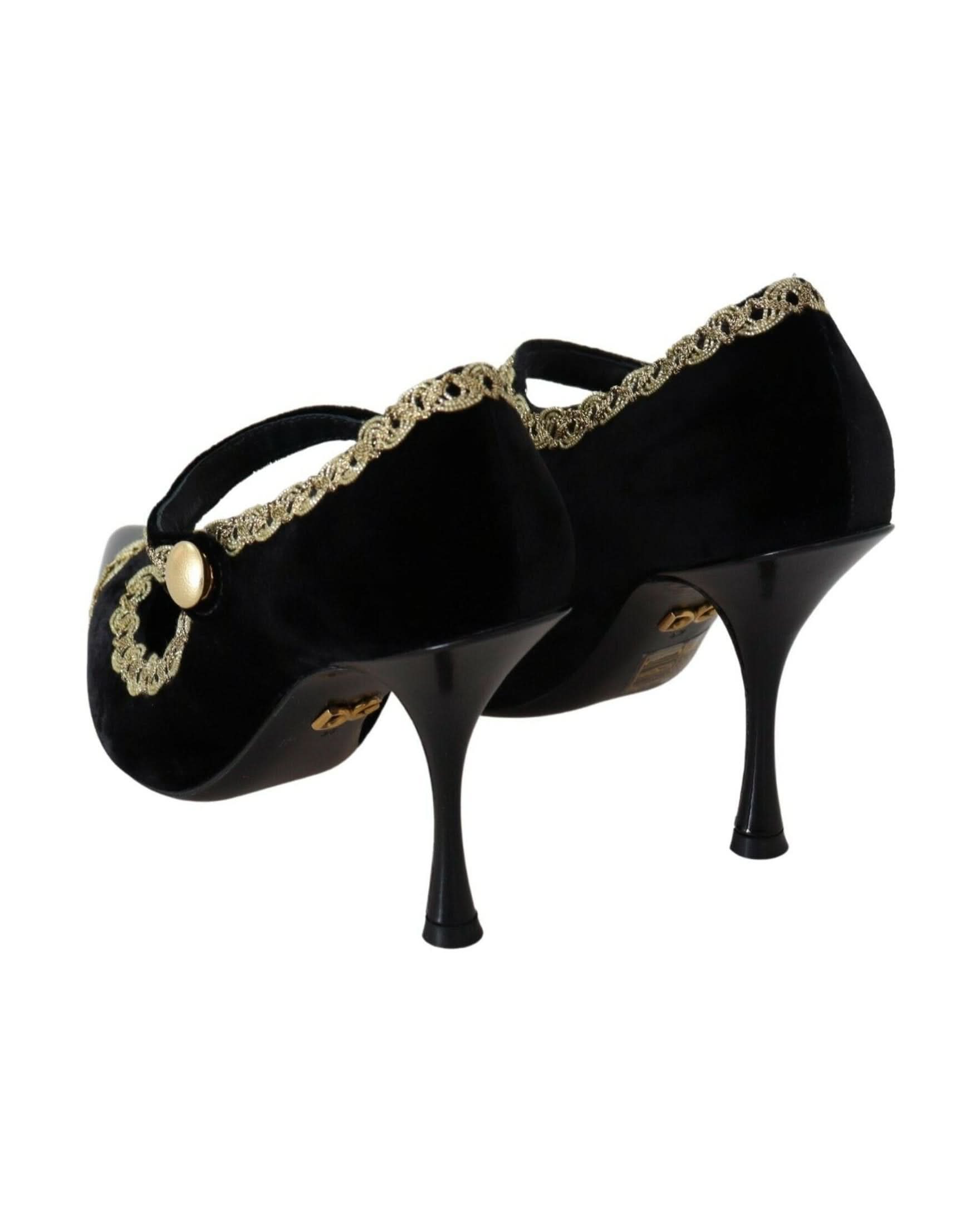 Dolce & Gabbana Black Velvet Embellished Mary Jane Pumps Shoes Heels