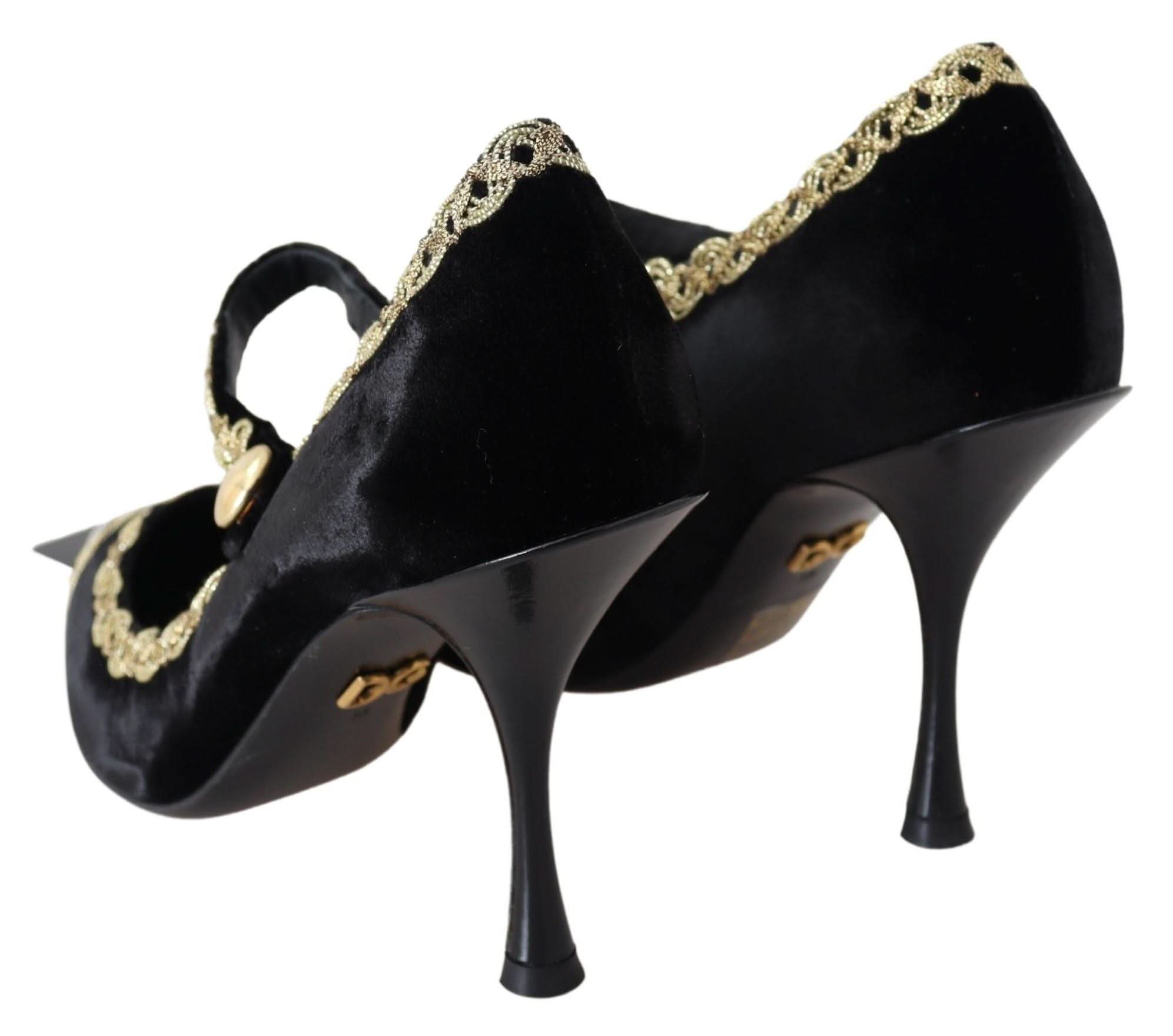 Dolce & Gabbana Black Velvet Gold Mary Janes Pumps Heels