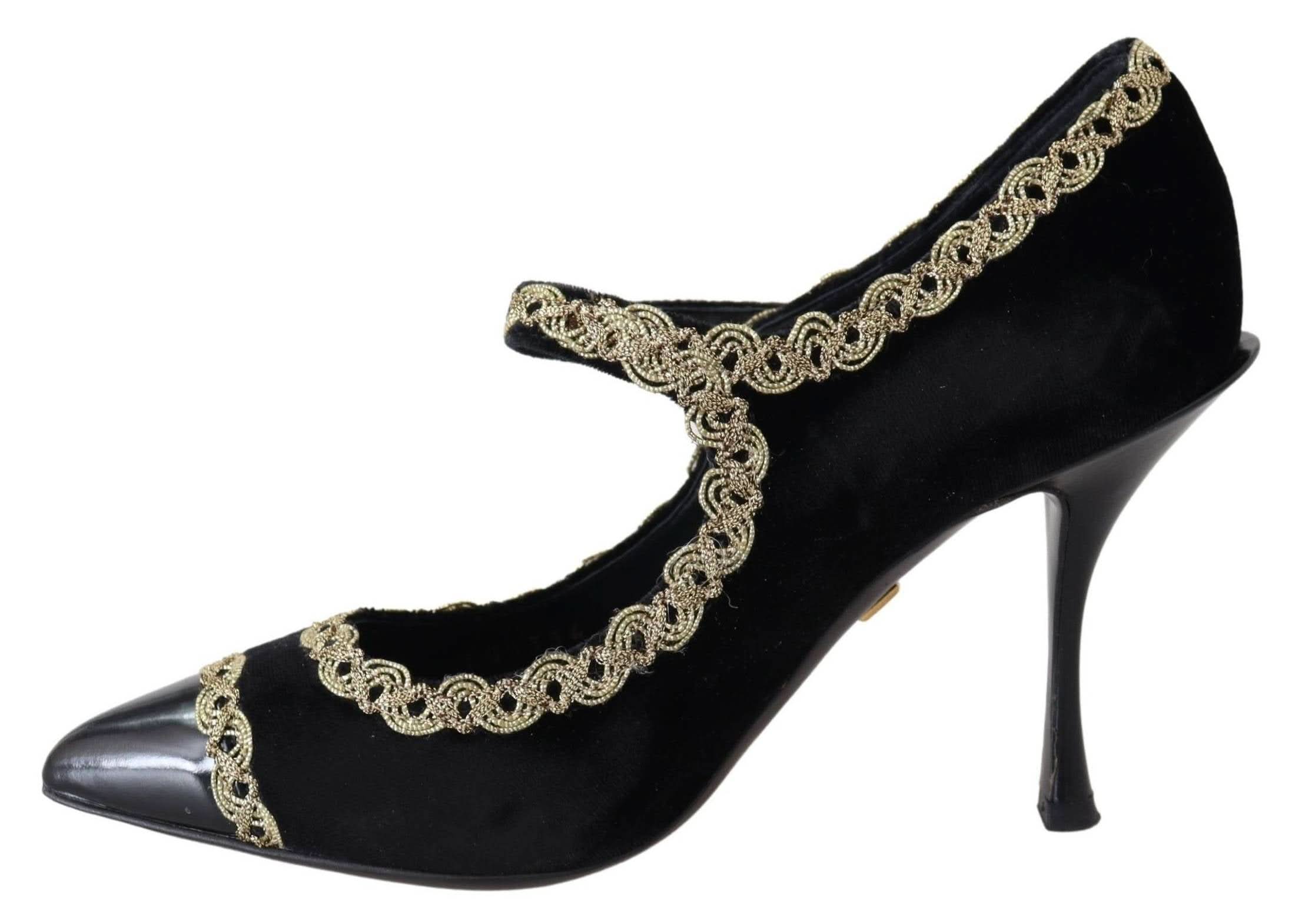 Dolce & Gabbana Black Velvet Gold Mary Janes Pumps Heels