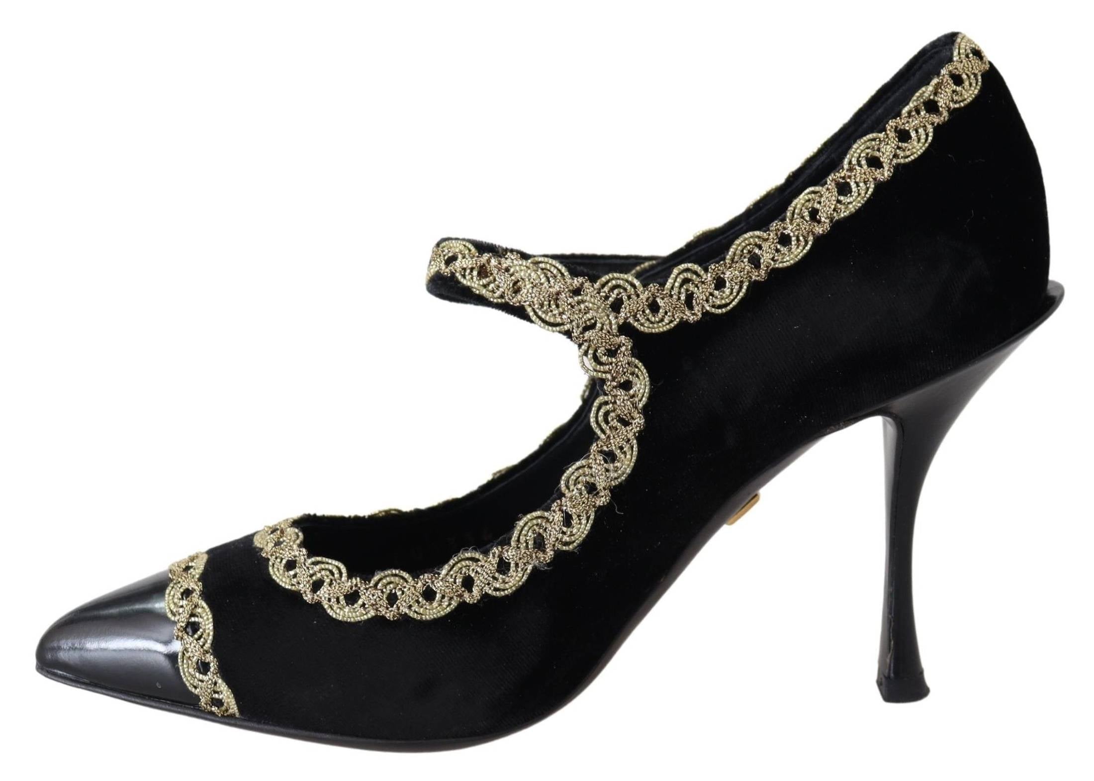 Dolce & Gabbana Black Velvet Gold Mary Janes Pumps Heels