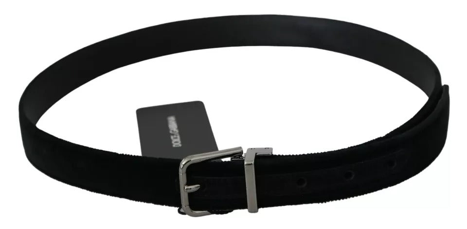 Dolce & Gabbana Black Velvet Leather Silver Buckle Belt Glam Steals