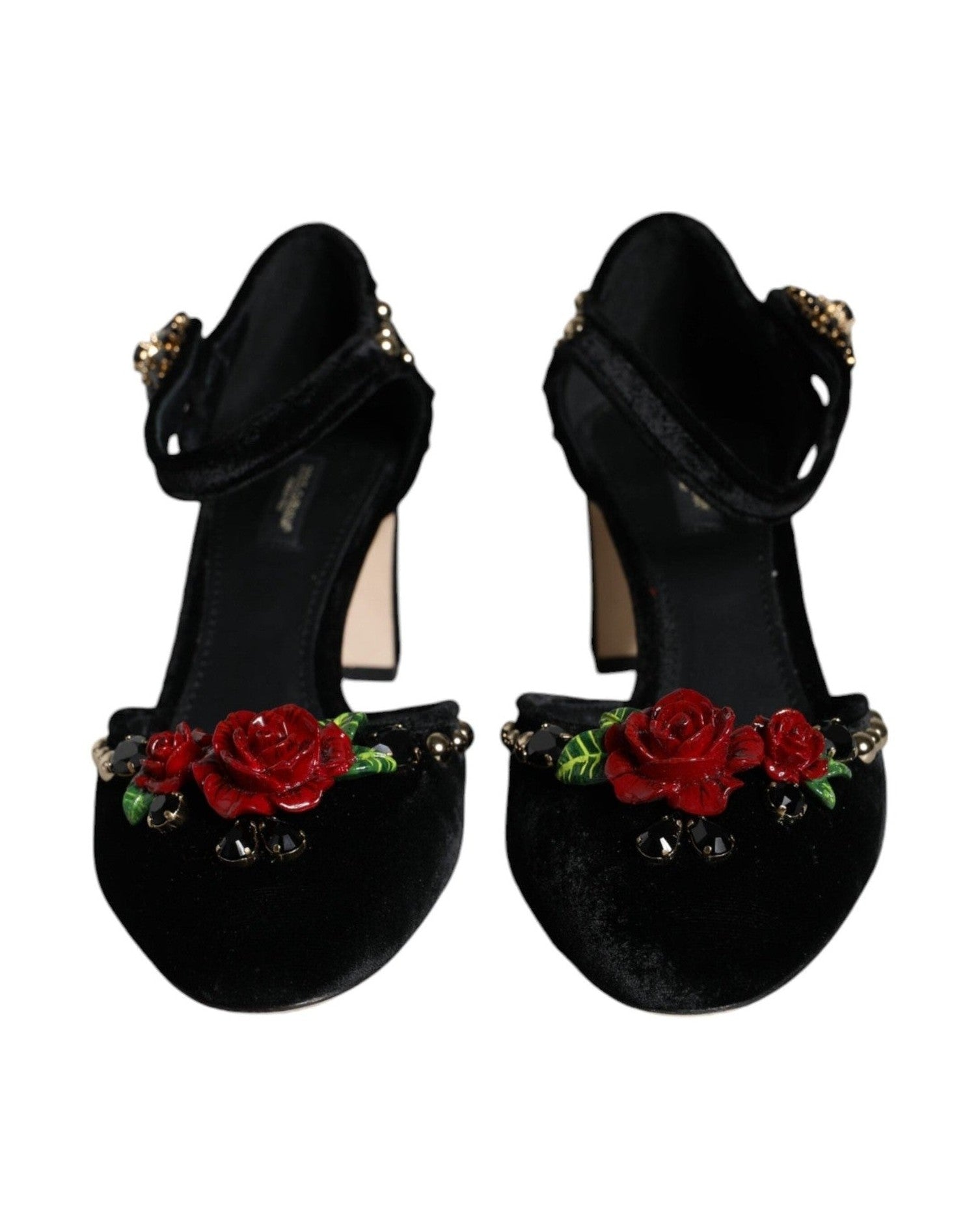 Dolce & Gabbana Black Velvet Roses Ankle Strap Pumps Shoes Heels