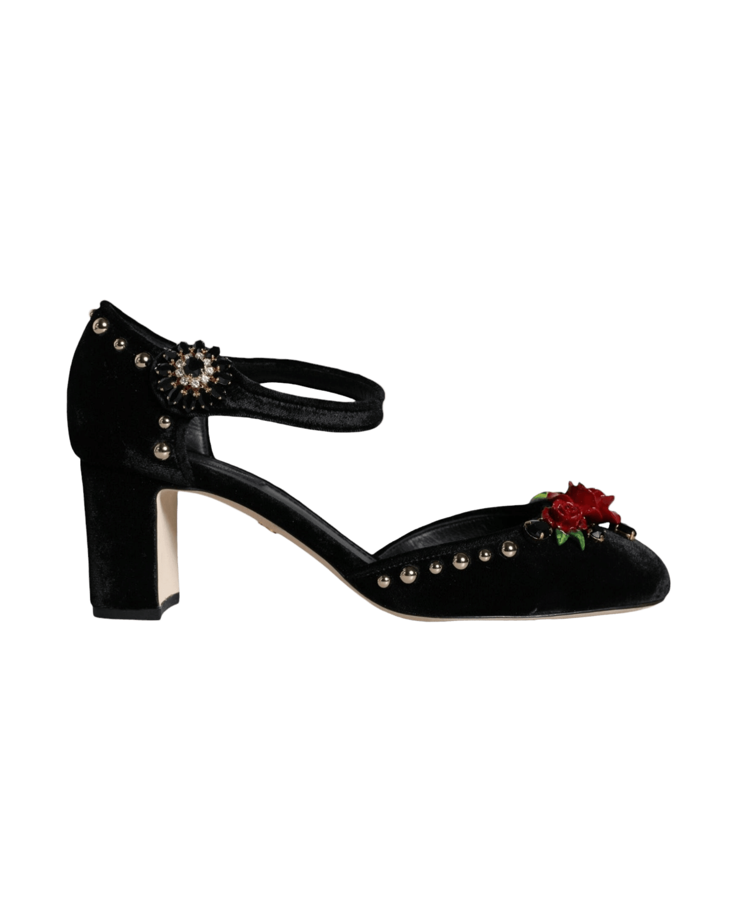 Dolce & Gabbana Black Velvet Roses Ankle Strap Pumps Shoes Heels