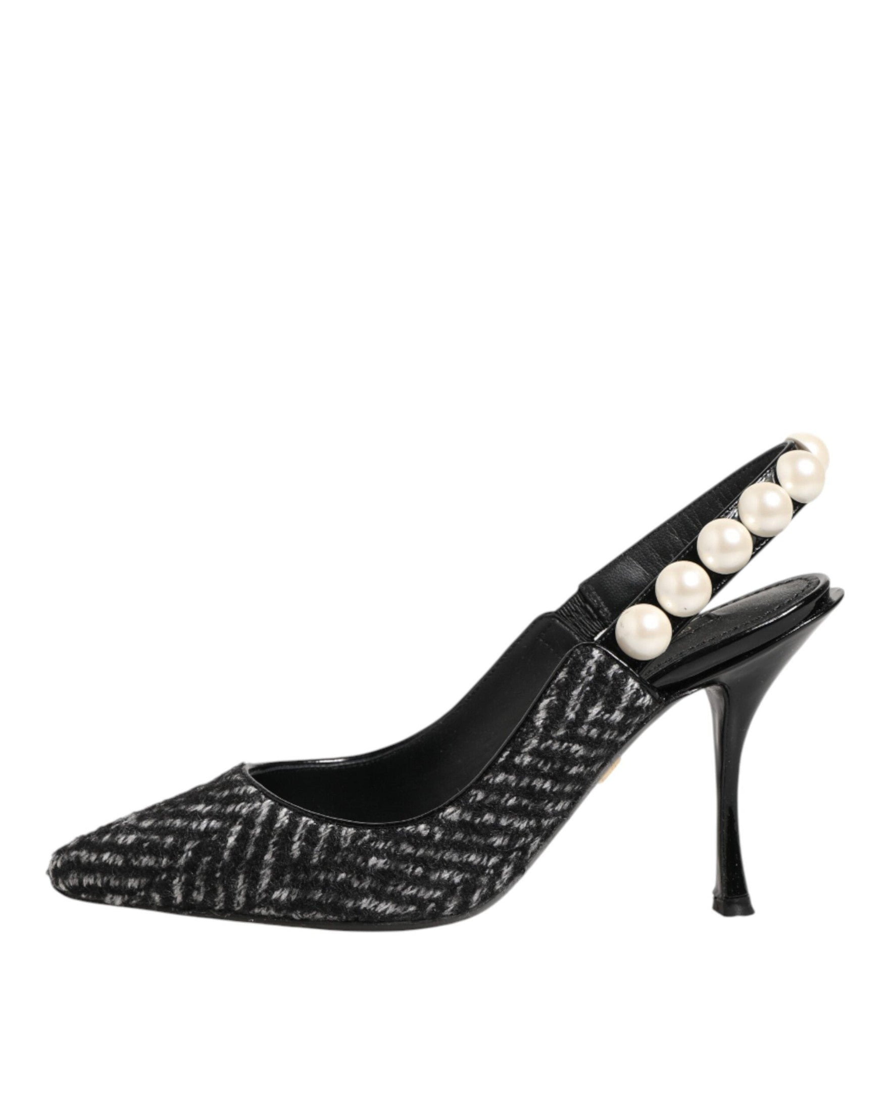 Dolce & Gabbana Black White Chevron Faux Pearl Slingbacks Shoes Heels