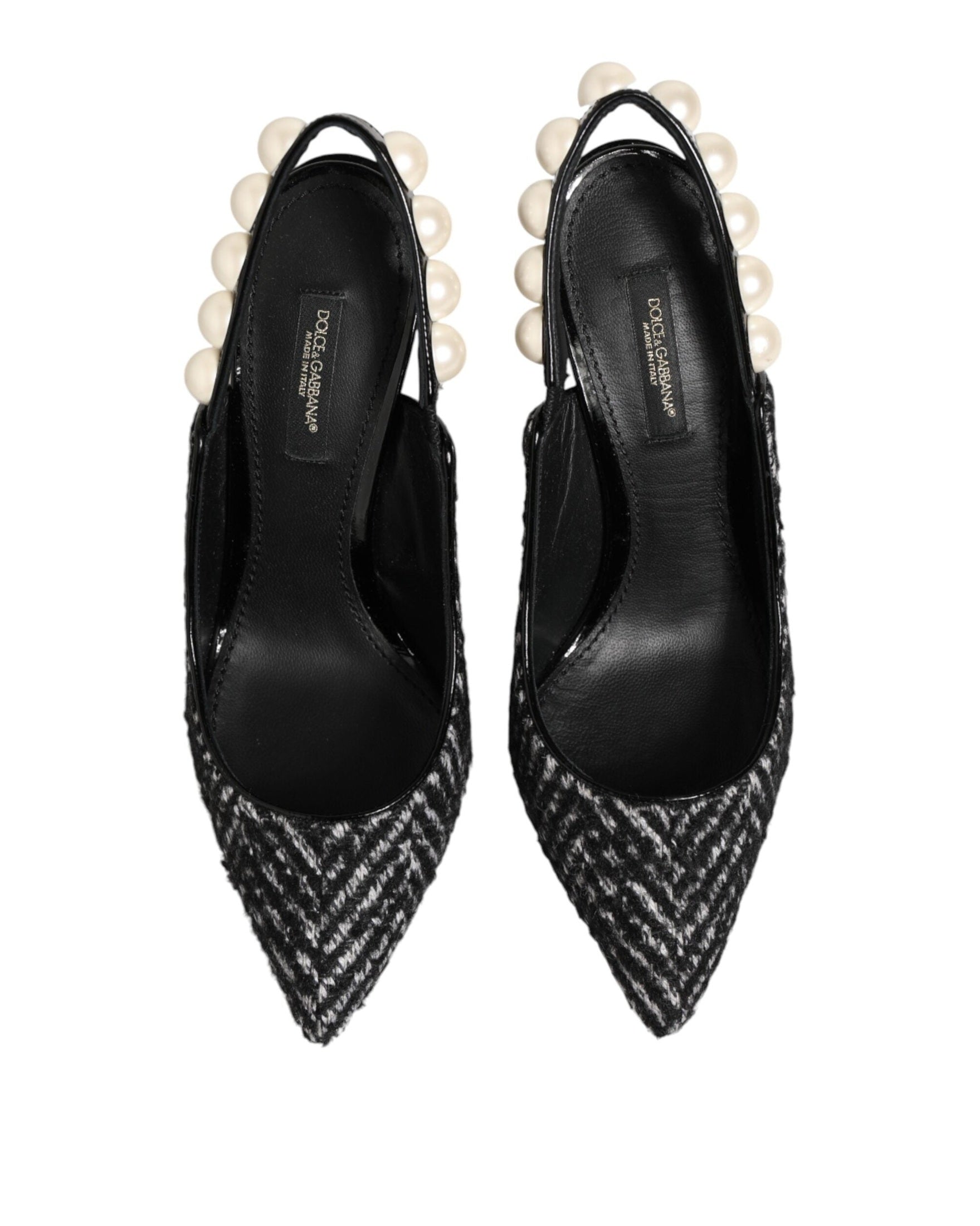 Dolce & Gabbana Black White Chevron Faux Pearl Slingbacks Shoes Heels