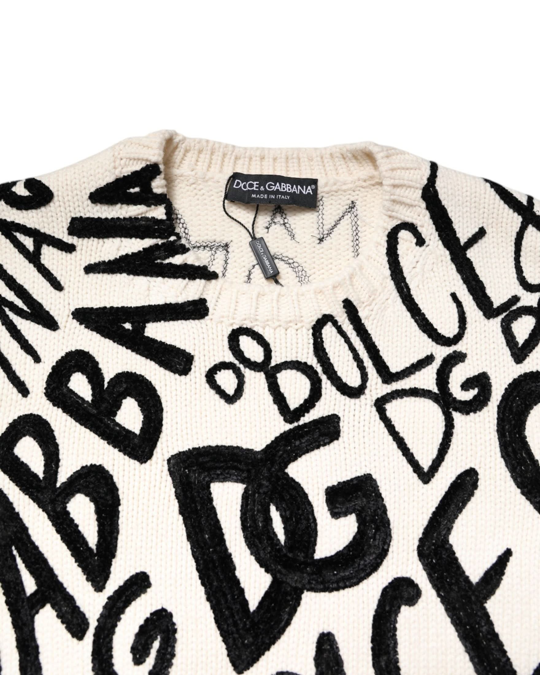 Dolce & Gabbana Black White Logo Print Pullover Sweater Sweaters