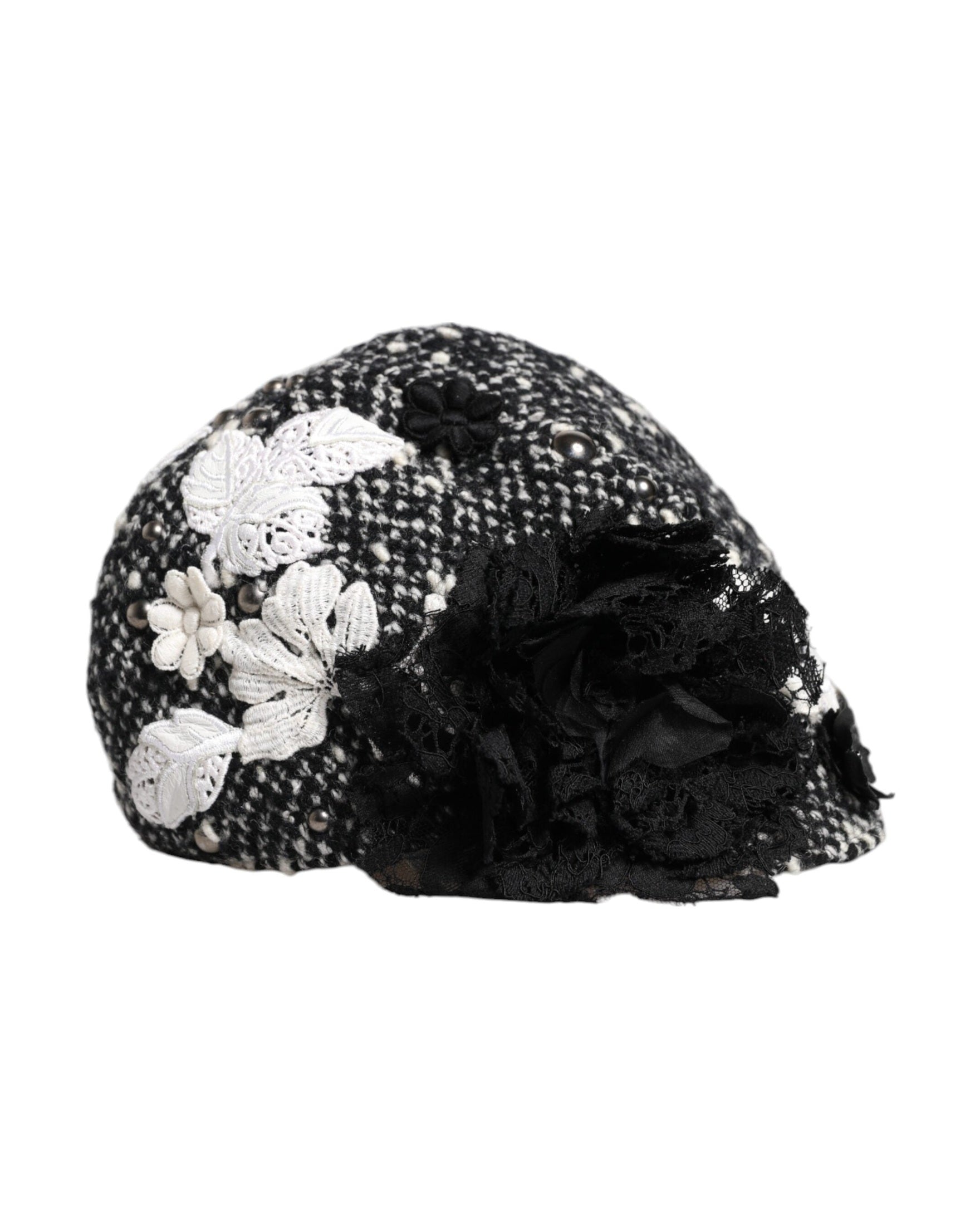 Dolce & Gabbana Black Wool White Floral Embellished Cloche Hat Glam Steals