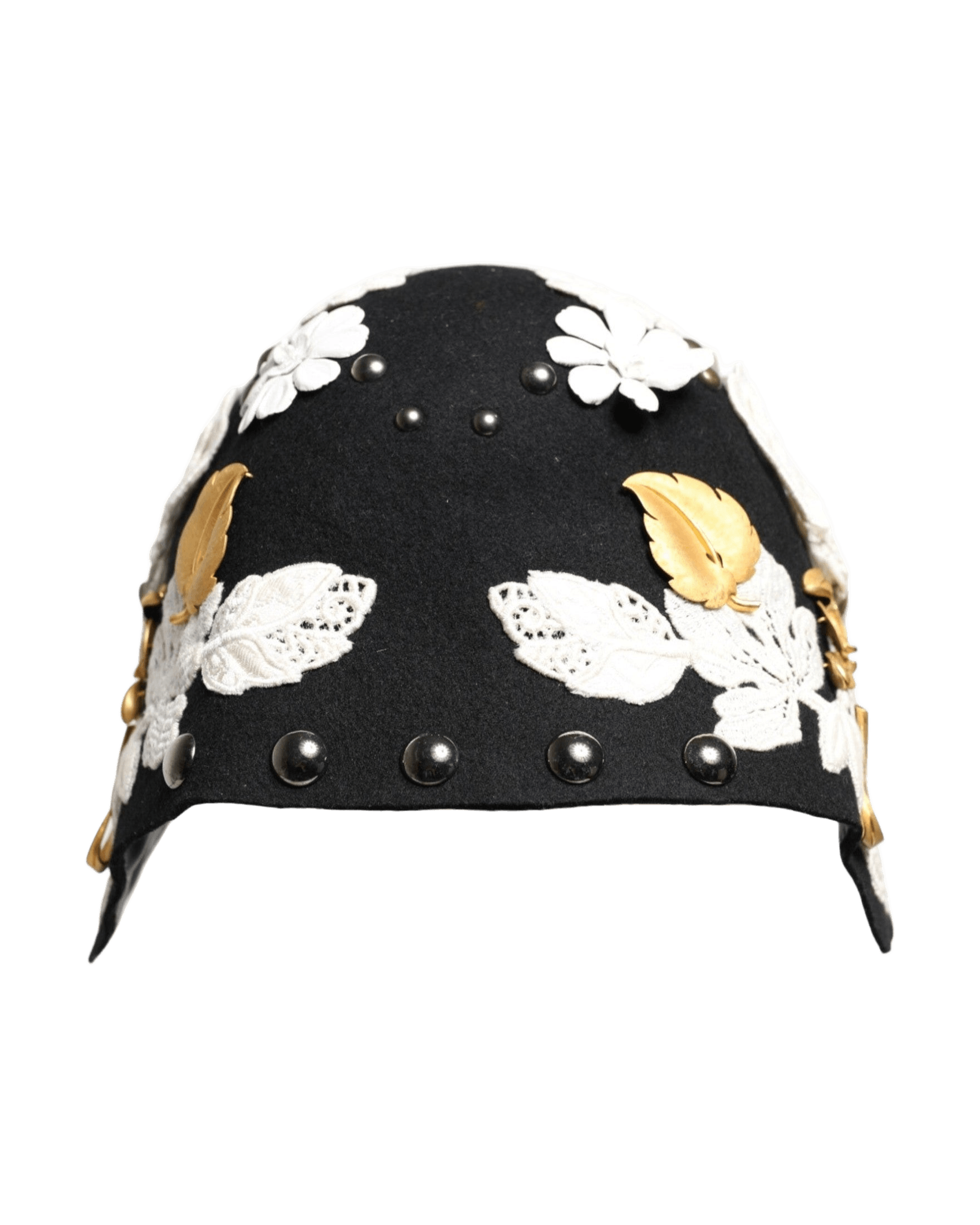 Dolce & Gabbana Black Wool White Floral Gold Leaf Cloche Hat Glam Steals