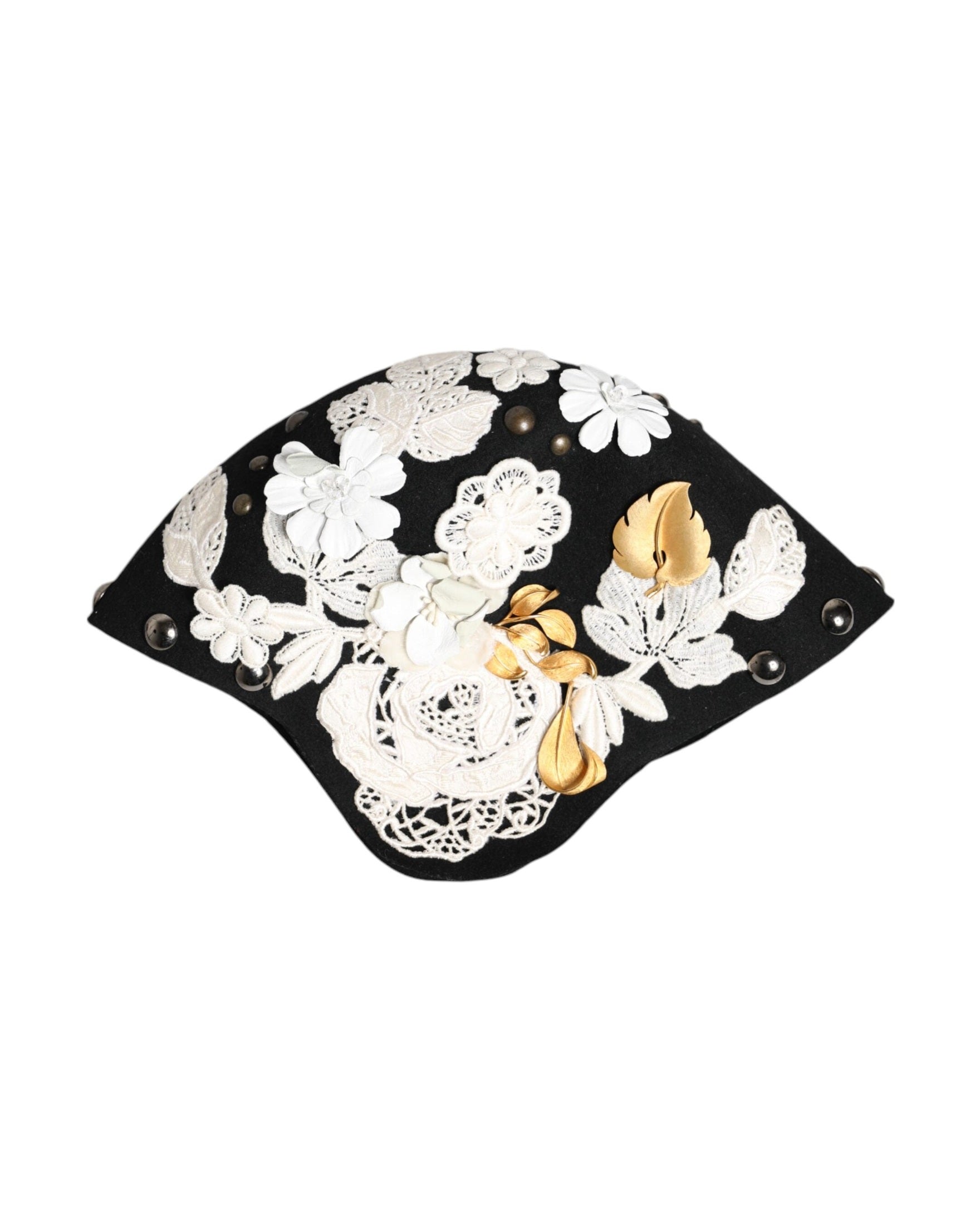 Dolce & Gabbana Black Wool White Floral Gold Leaf Cloche Hat Glam Steals