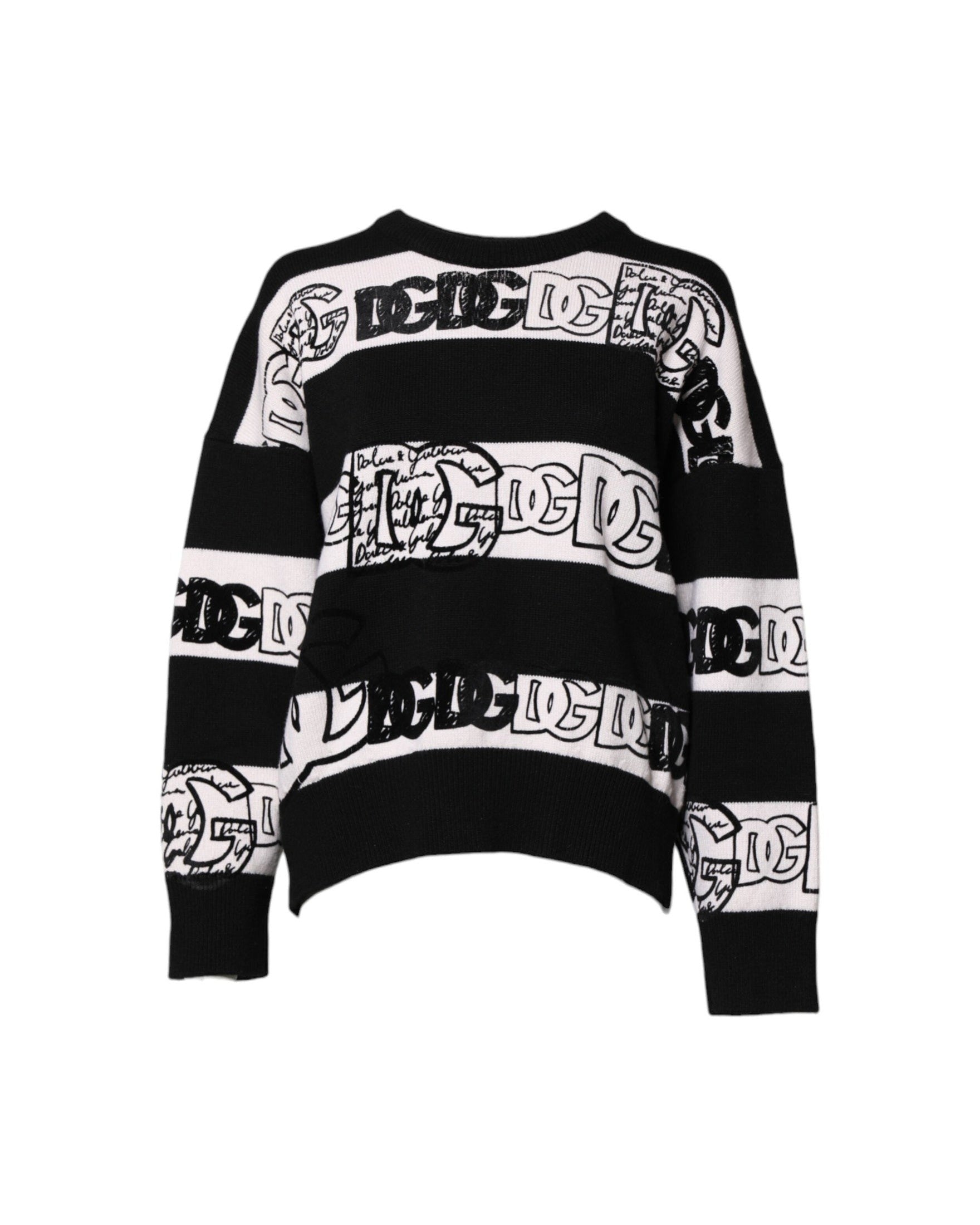 Dolce & Gabbana Black Wool White Logo Print Pullover Sweater Sweaters