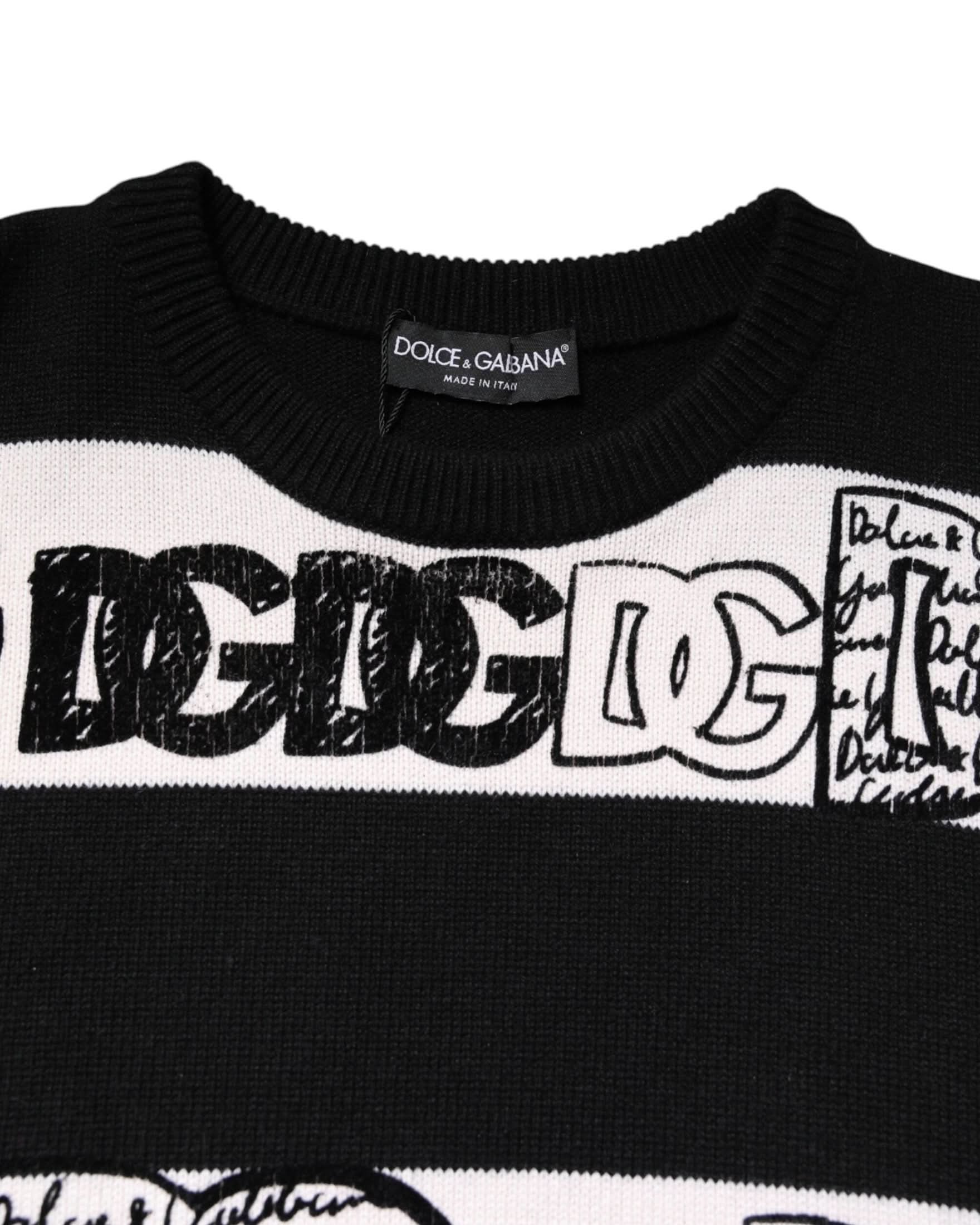 Dolce & Gabbana Black Wool White Logo Print Pullover Sweater Sweaters