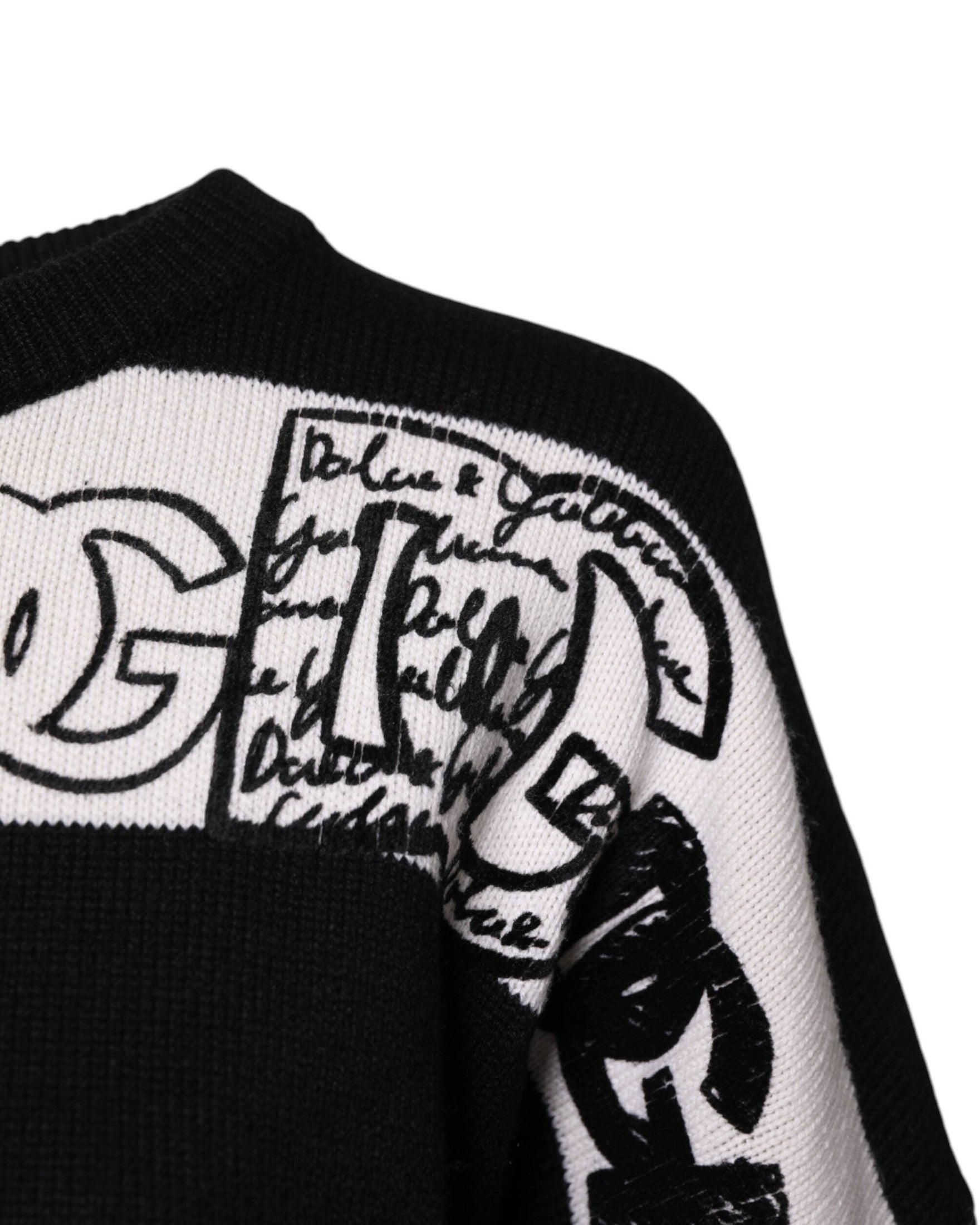 Dolce & Gabbana Black Wool White Logo Print Pullover Sweater Glam Steals