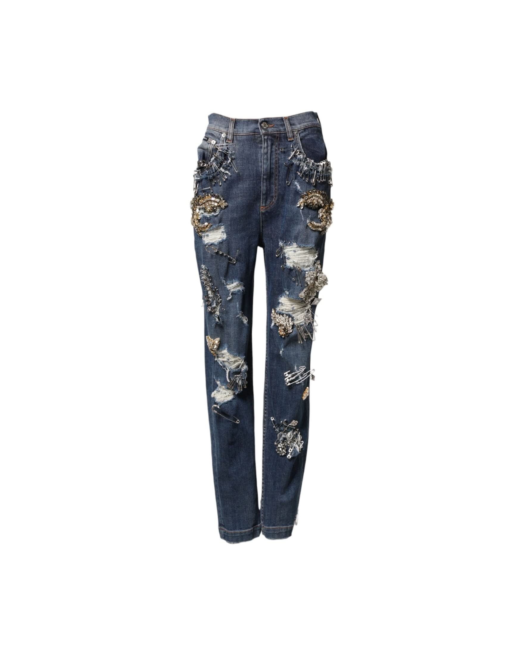 Dolce & Gabbana Blue Cotton Rhinestone Embellish Denim Jeans Trousers
