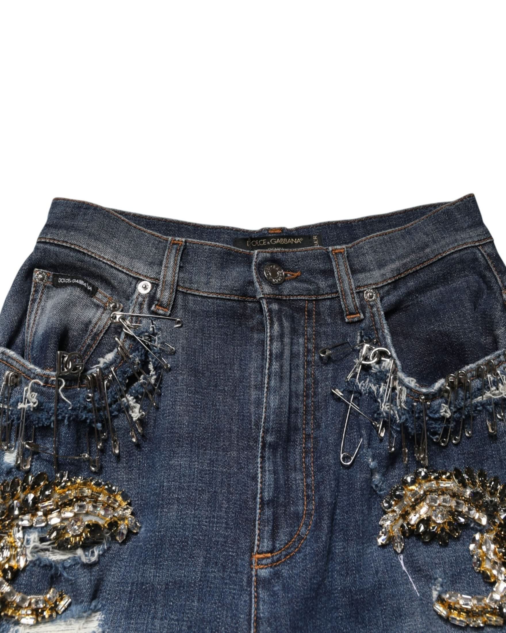 Dolce & Gabbana Blue Cotton Rhinestone Embellish Denim Jeans Trousers