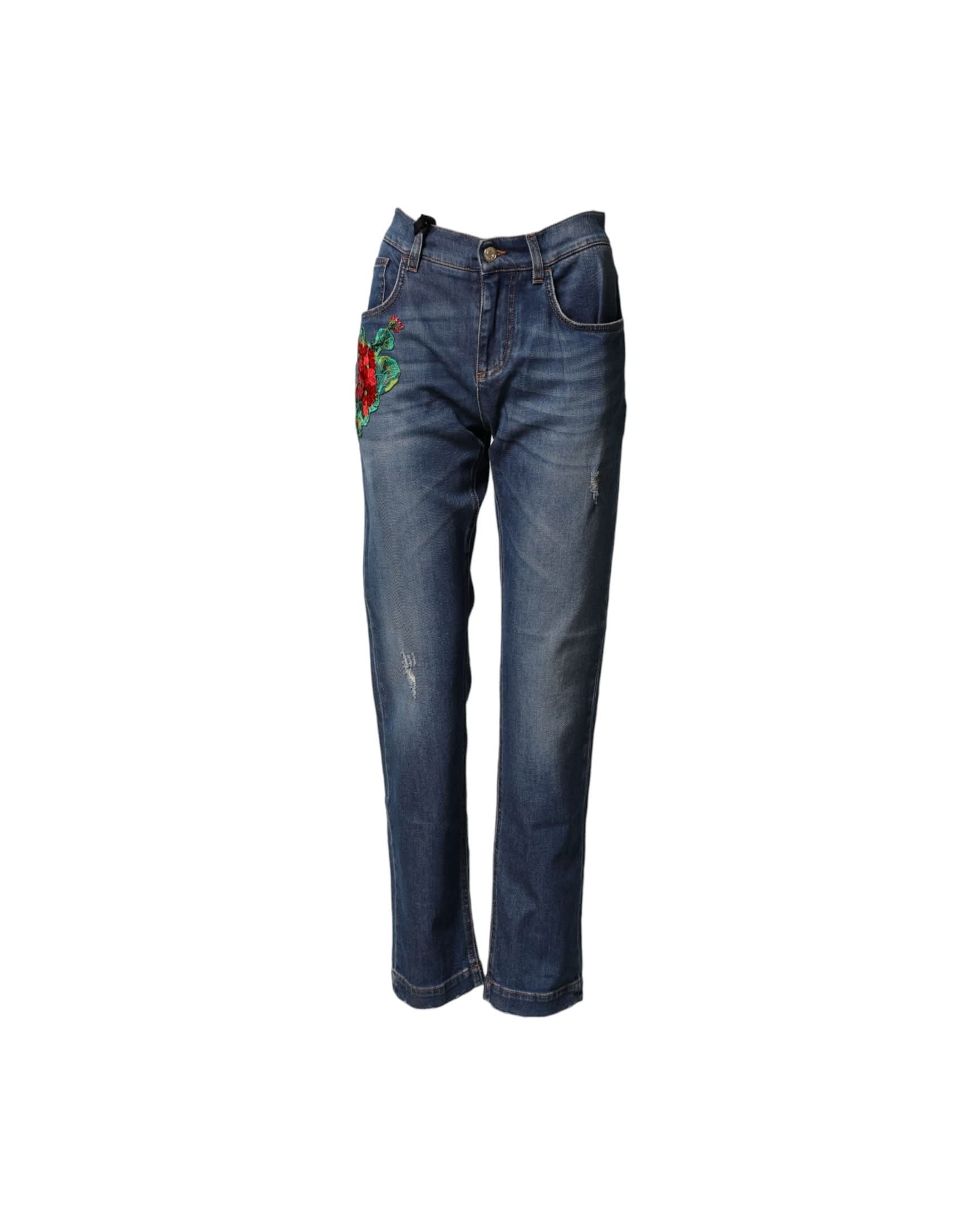 Dolce & Gabbana Blue Denim Floral Embroidered Boyfriend Jeans Jeans