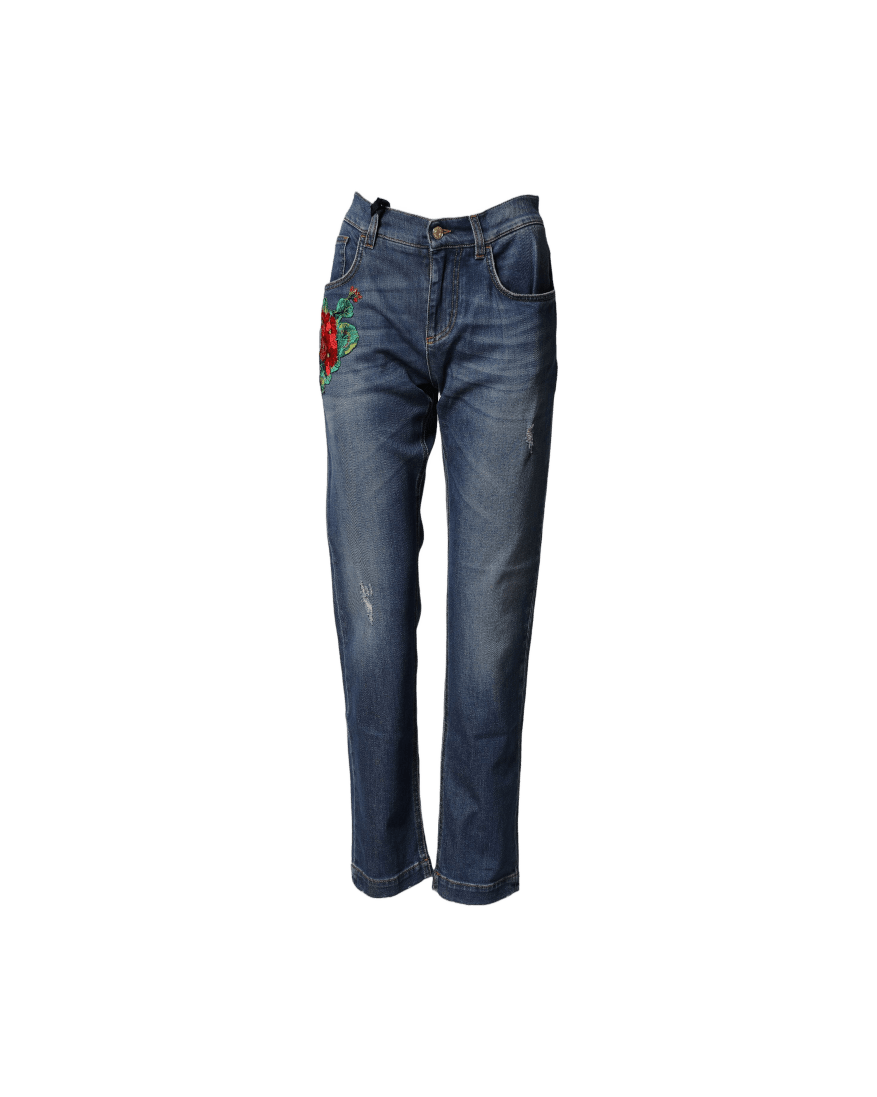 Dolce & Gabbana Blue Denim Floral Embroidered Boyfriend Jeans Jeans
