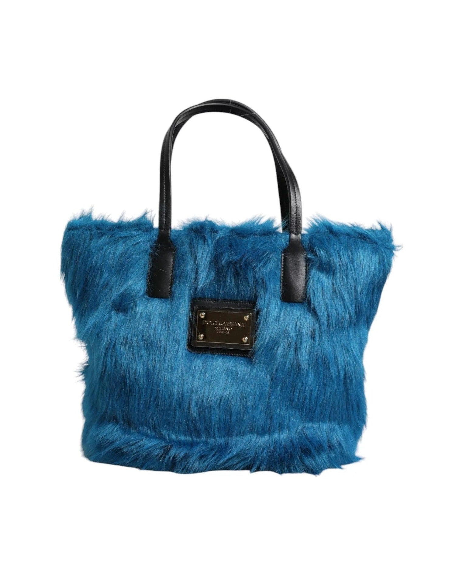 Dolce & Gabbana Blue Fur Logo Plaque Double Handle Shoulder Bag Glam Steals