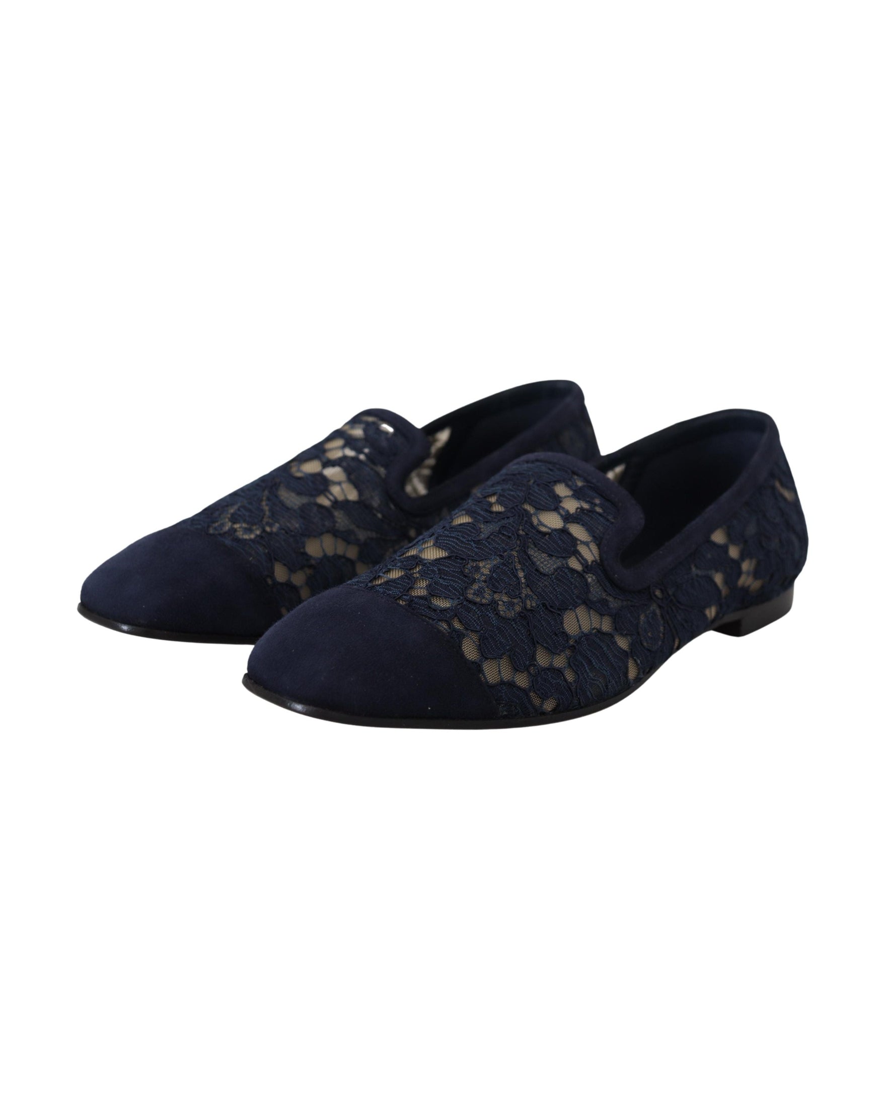 Dolce & Gabbana Blue Lace Floral Slip Ons Loafers Flats