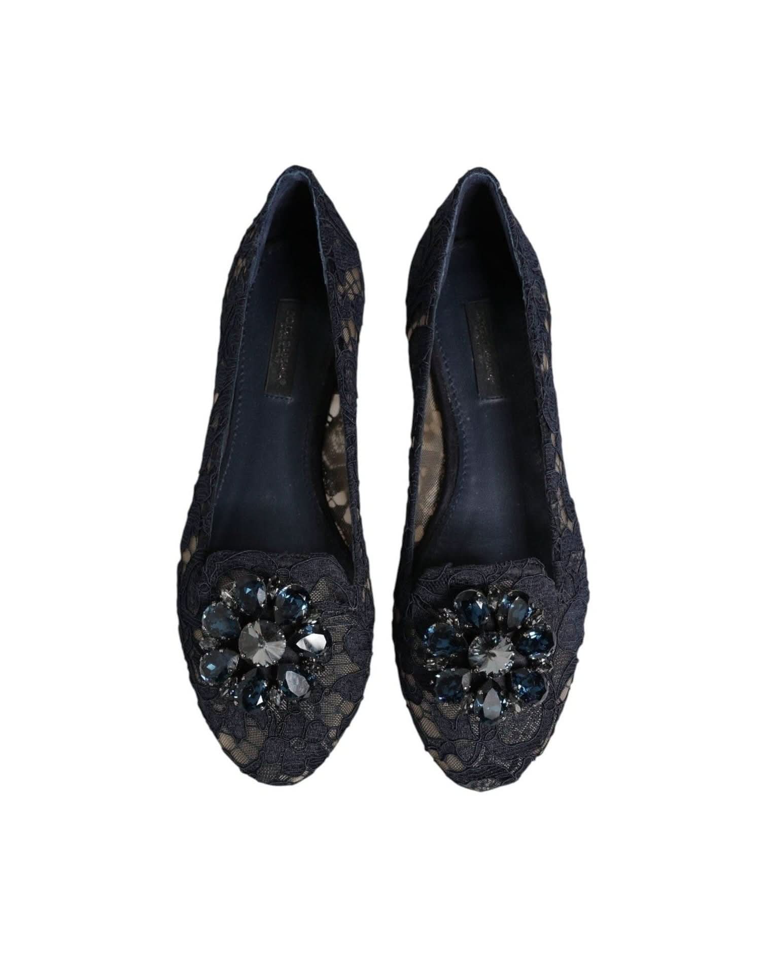 Dolce & Gabbana Blue Lace Taormina Crystals Flats Shoes Shoes