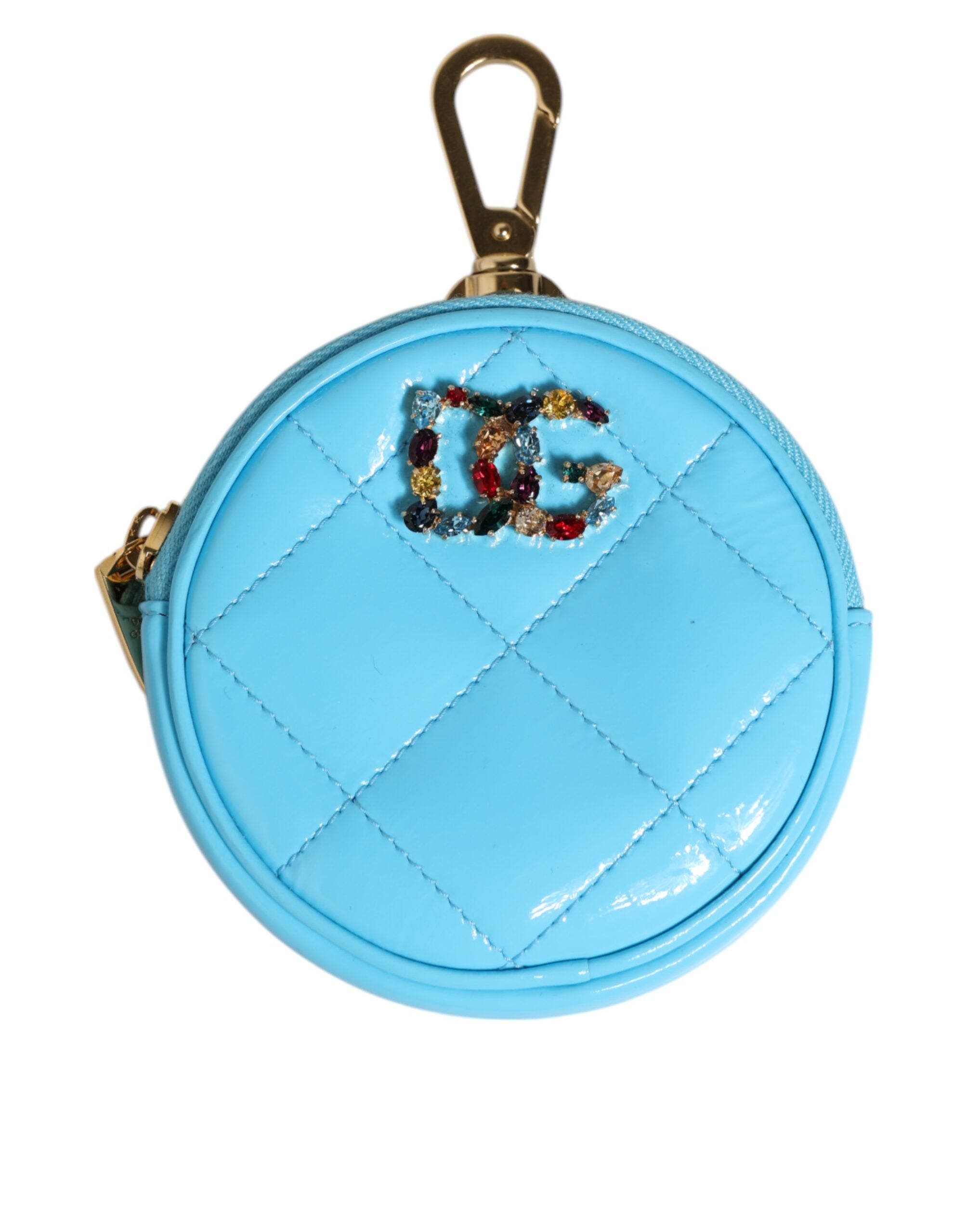 Dolce & Gabbana Blue Leather Azure Round Coin Purse Keychain Crystal Logo Wallet Glam Steals