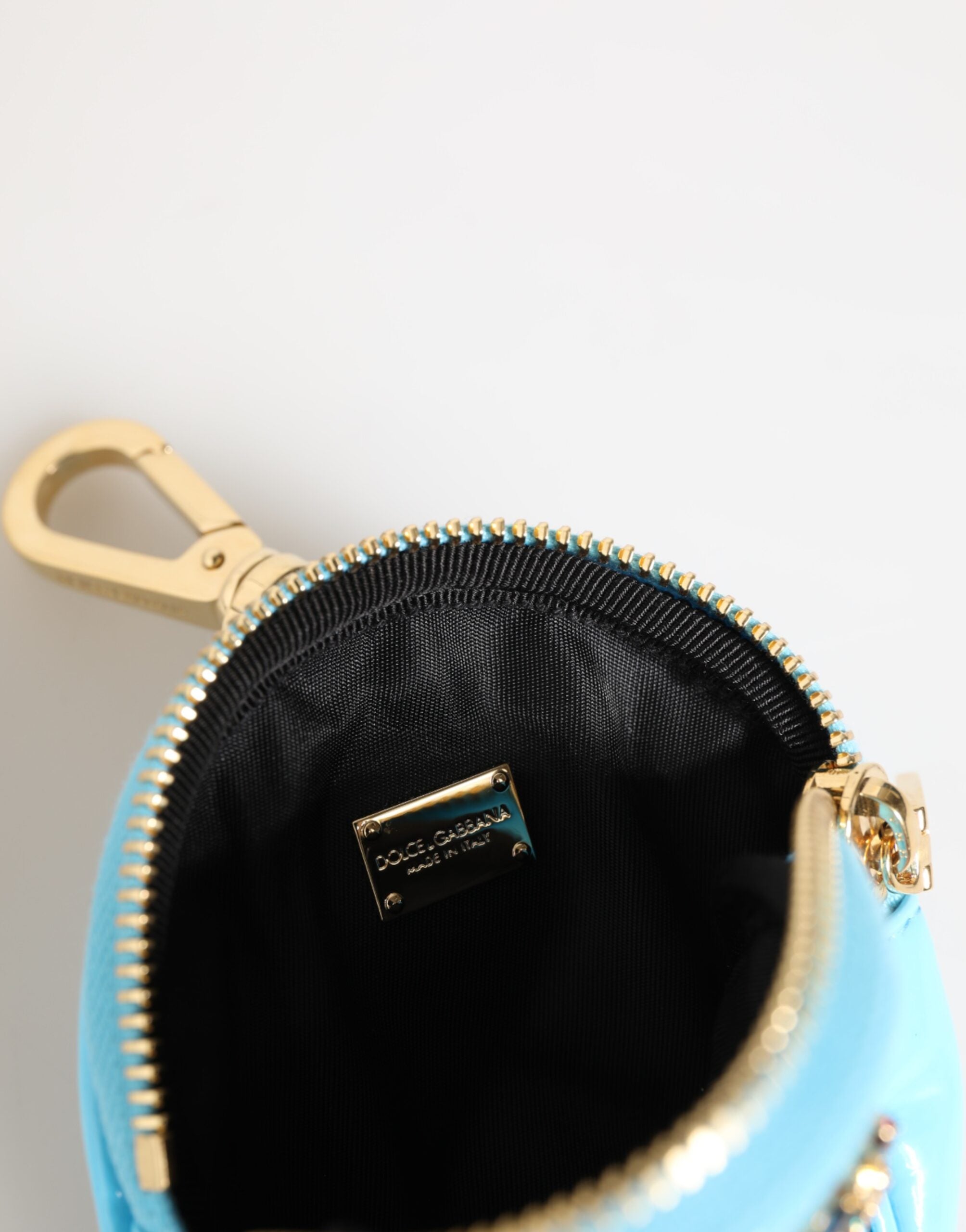 Dolce & Gabbana Blue Leather Azure Round Coin Purse Keychain Crystal Logo Wallet Glam Steals