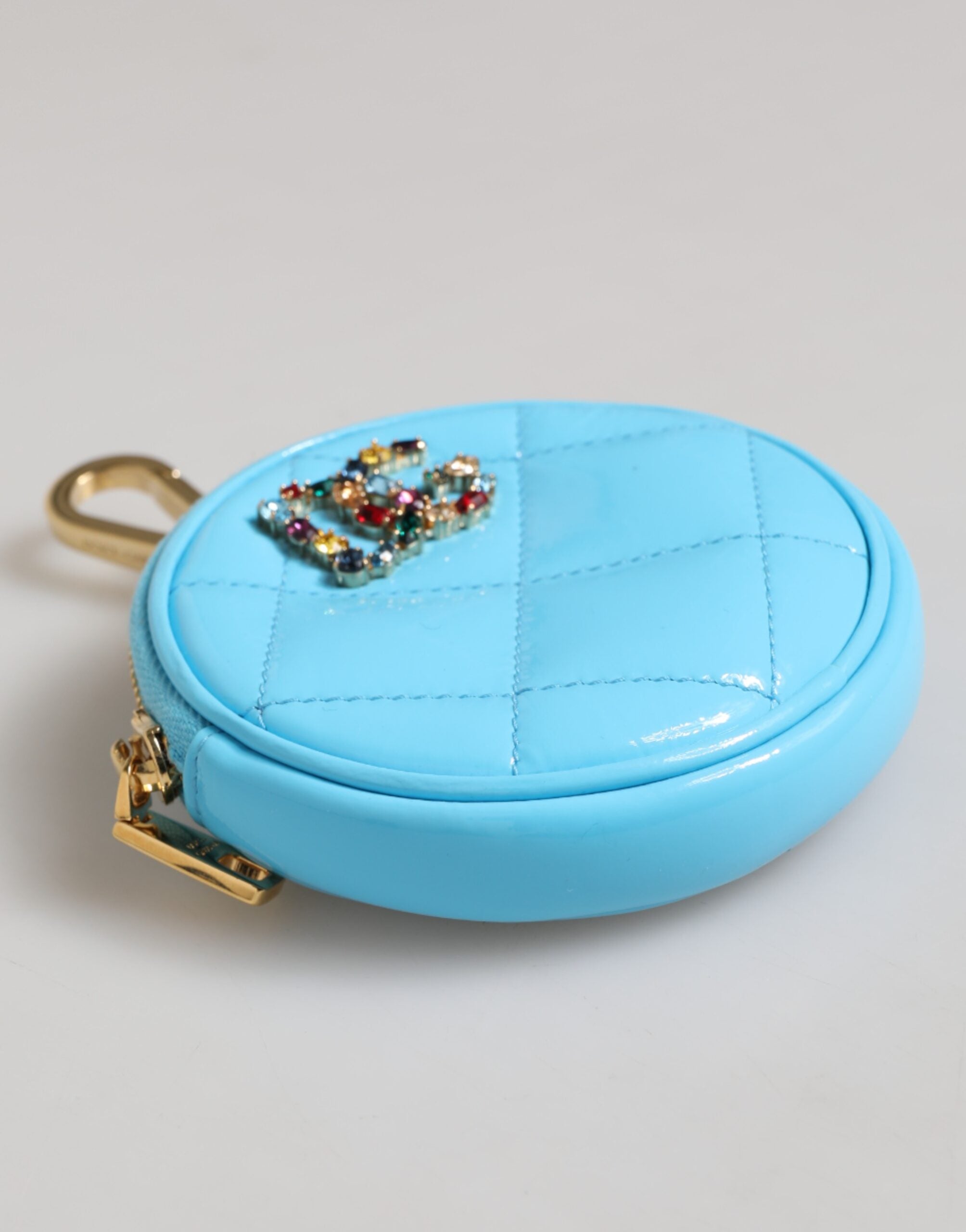 Dolce & Gabbana Blue Leather Azure Round Coin Purse Keychain Crystal Logo Wallet Glam Steals