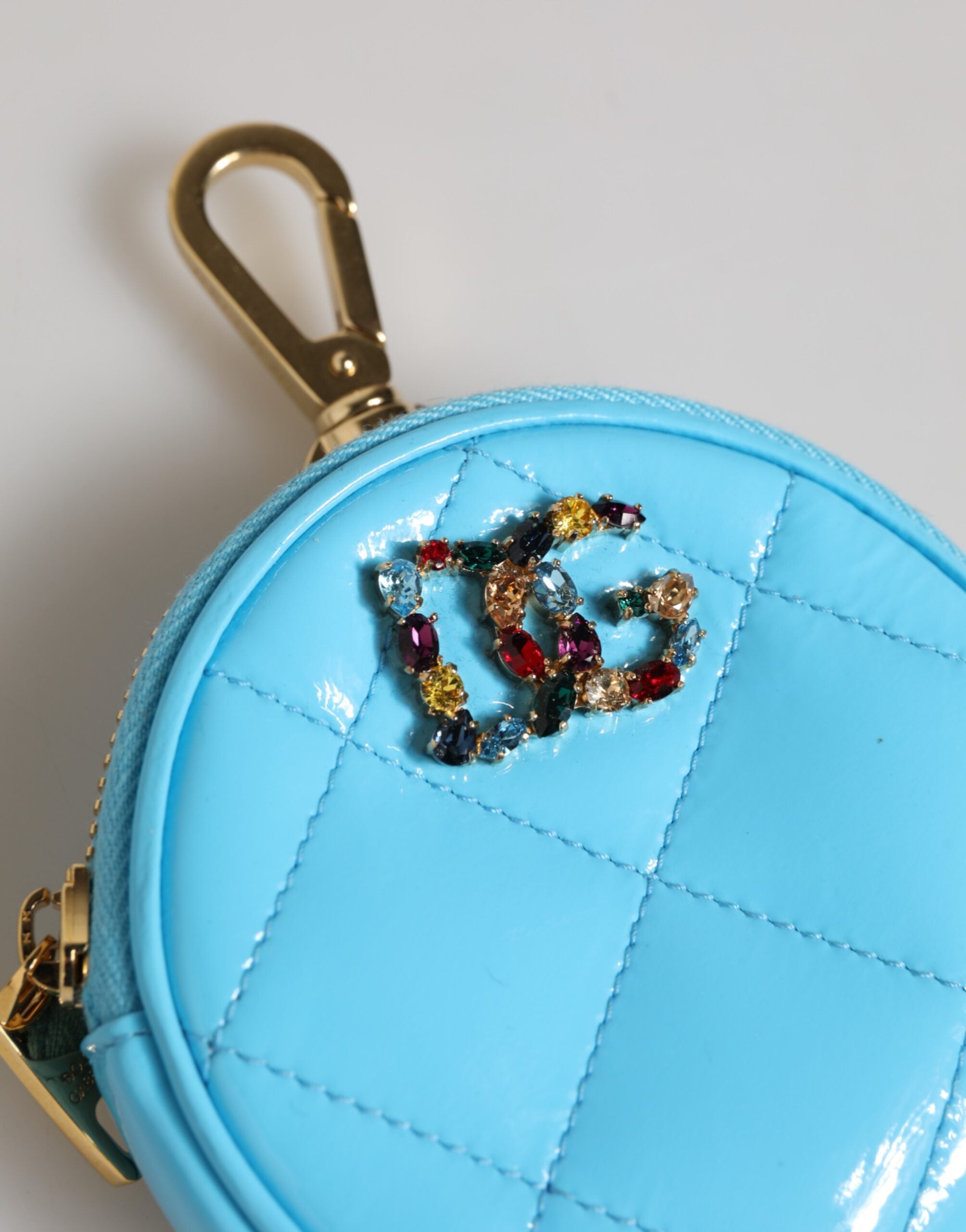 Dolce & Gabbana Blue Leather Azure Round Coin Purse Keychain Crystal Logo Wallet Glam Steals