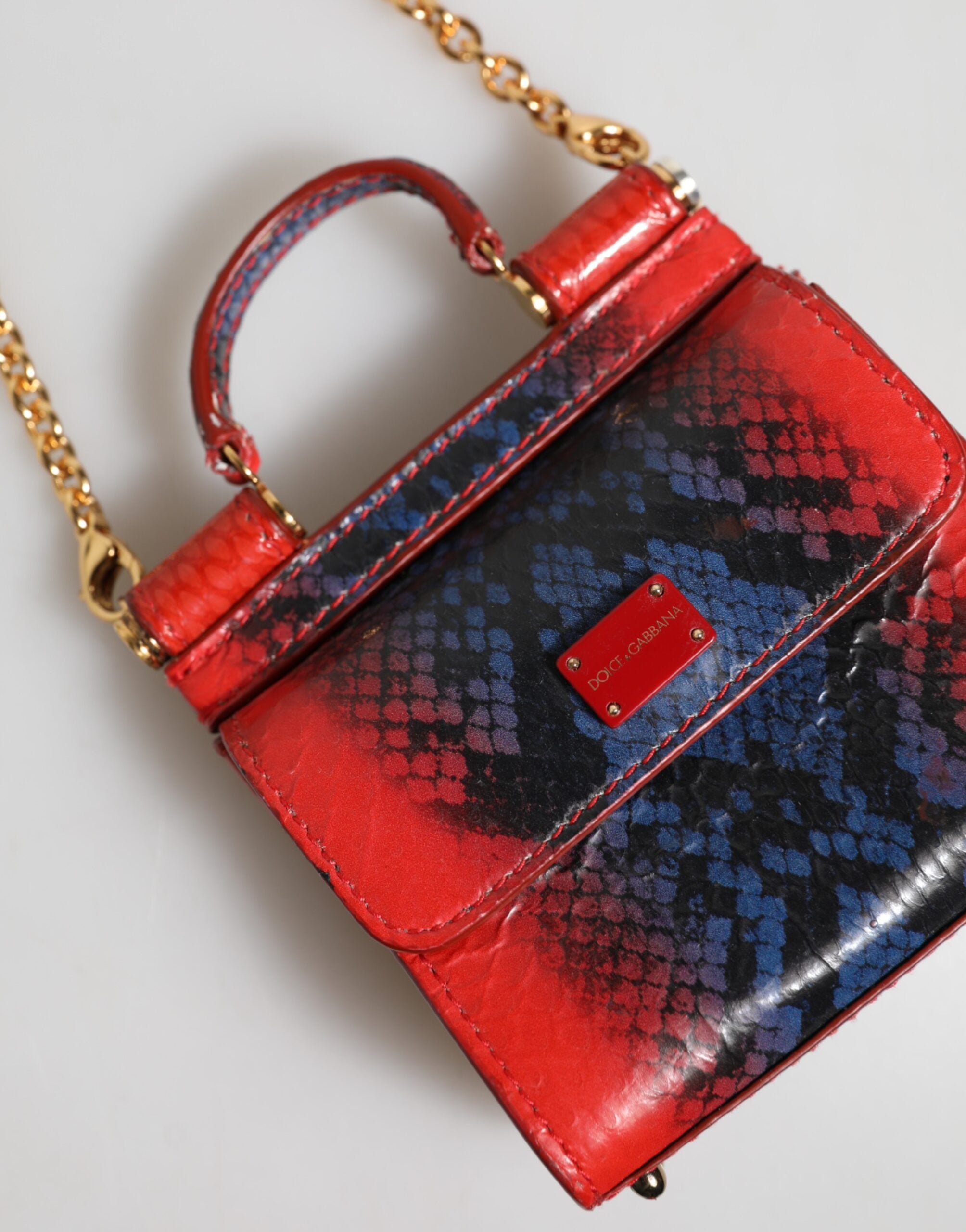 Dolce & Gabbana Blue Leather Red Sicily Crossbody Chain Satchelborse Bag Glam Steals