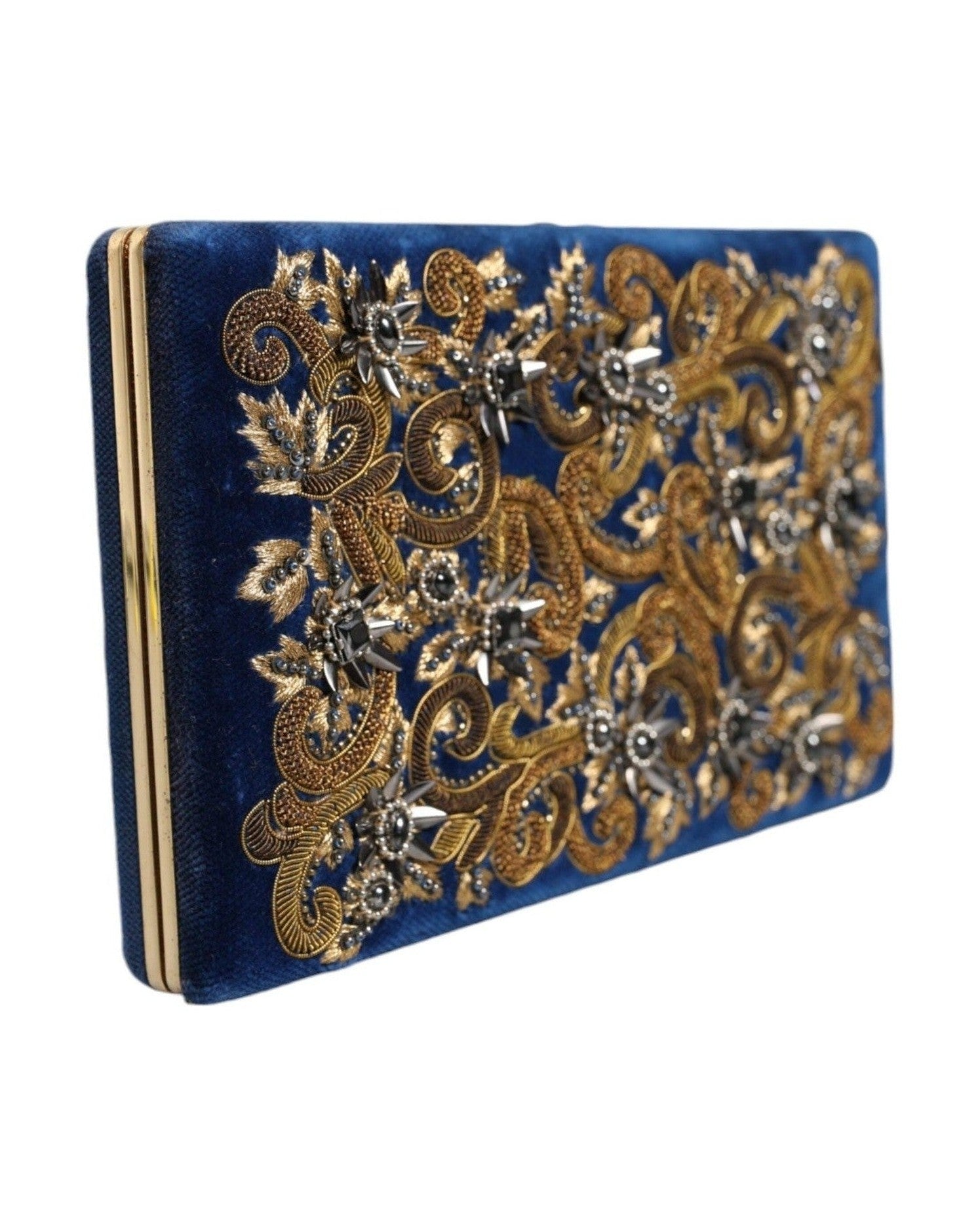 Dolce & Gabbana Velvet Frame Clutch Evening Party Purse Blue Gold Bag Glam Steals