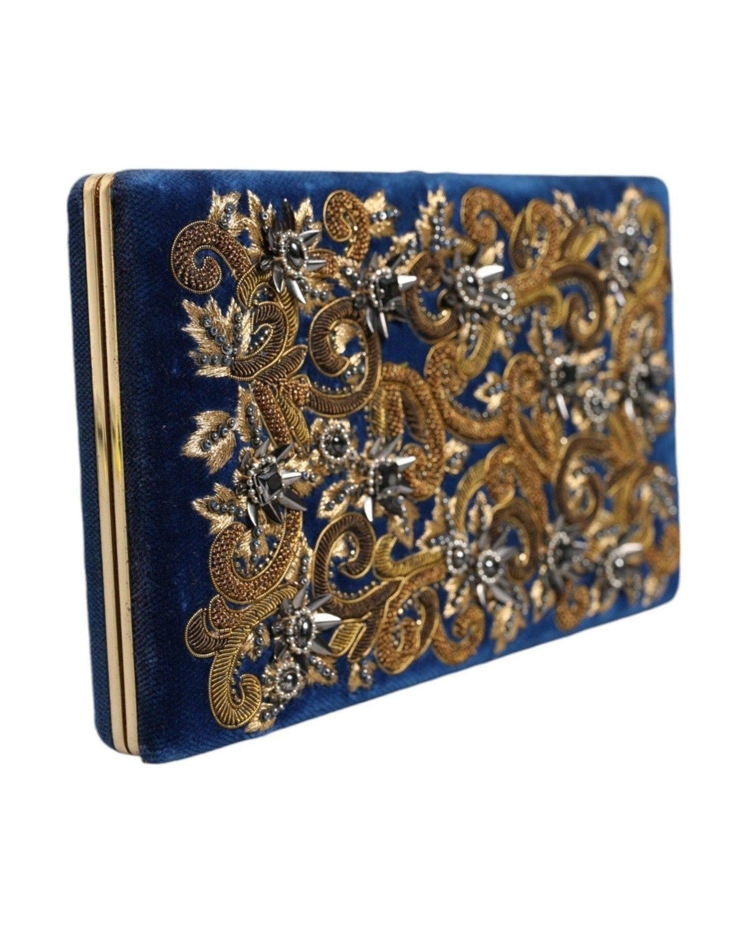 Dolce & Gabbana Velvet Frame Clutch Evening Party Purse Blue Gold Bag Glam Steals