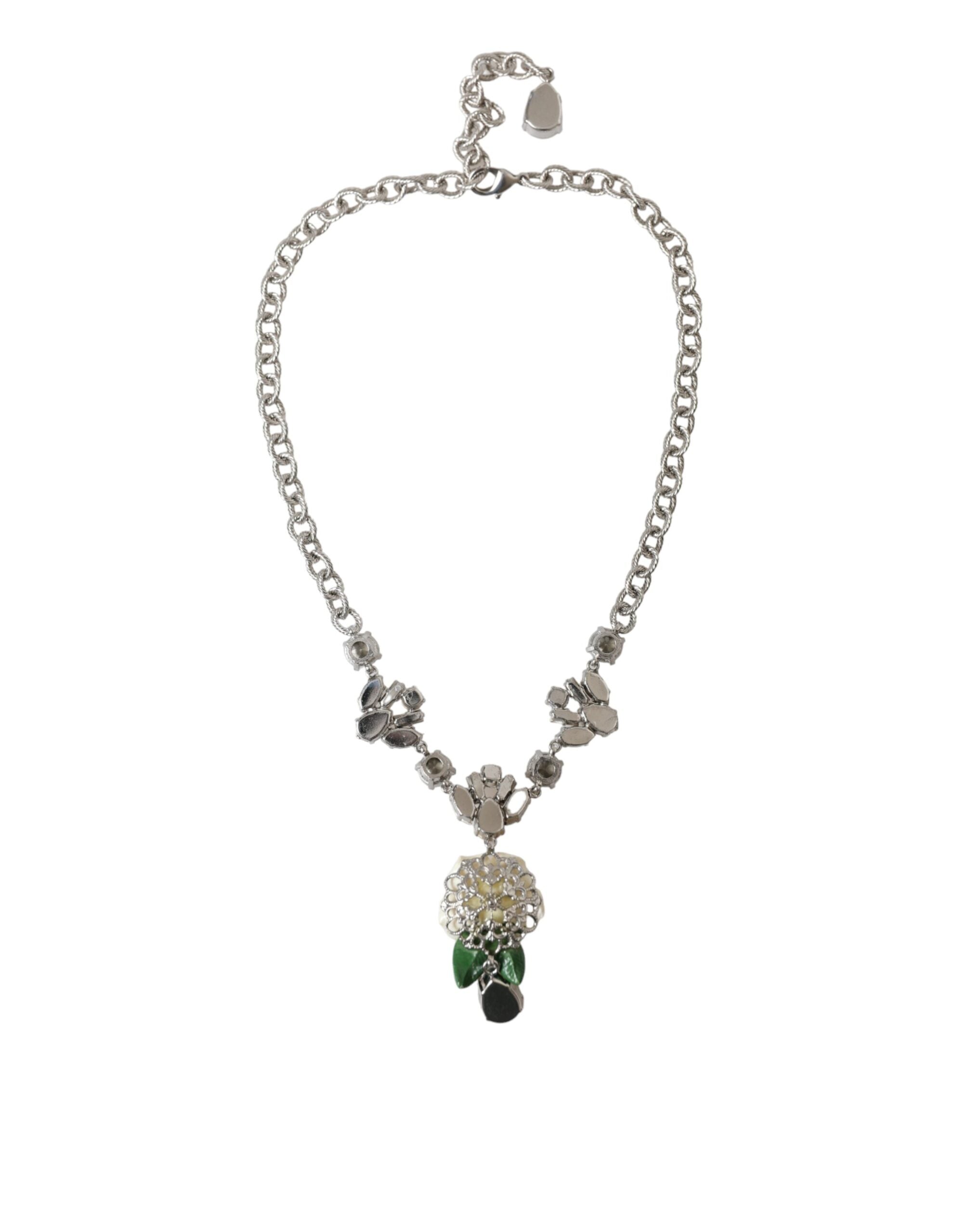 Dolce & Gabbana Brass Crystal Roses Pendants Silver Clear Necklace Glam Steals