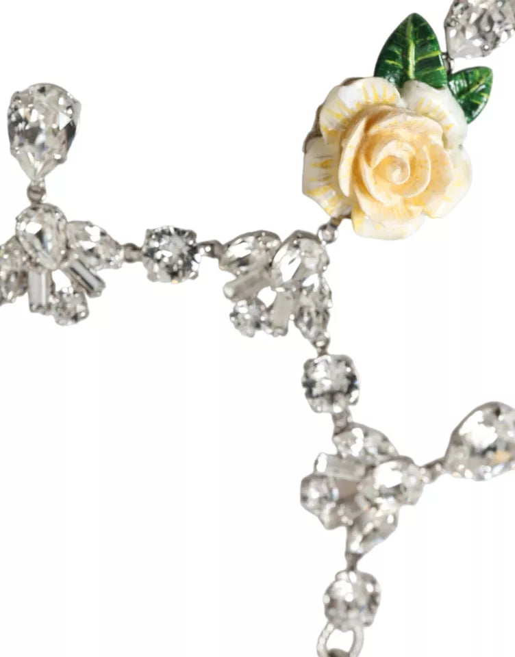 Dolce & Gabbana Brass Crystal Roses Pendants Silver Clear Necklace Glam Steals