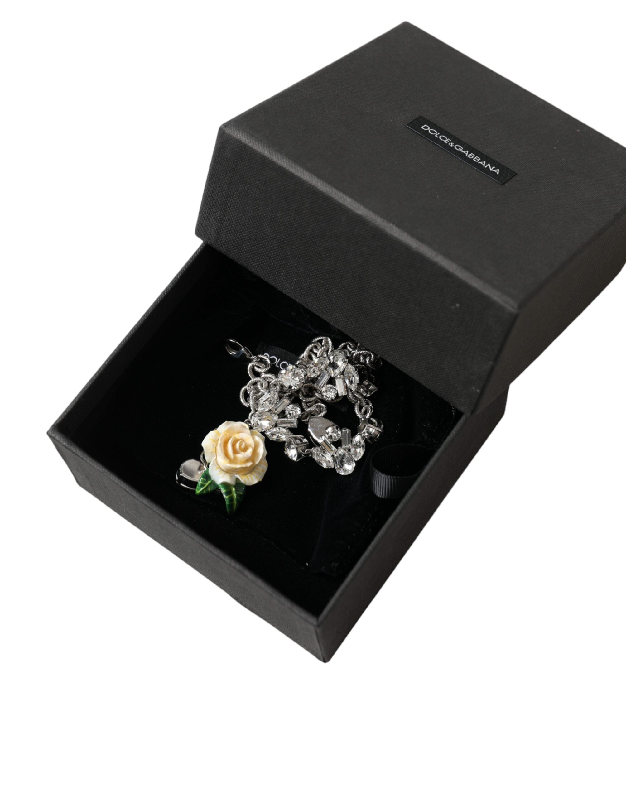 Dolce & Gabbana Brass Crystal Roses Pendants Silver Clear Necklace Glam Steals