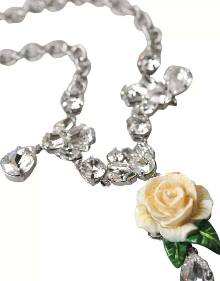 Dolce & Gabbana Brass Crystal Roses Pendants Silver Clear Necklace Glam Steals