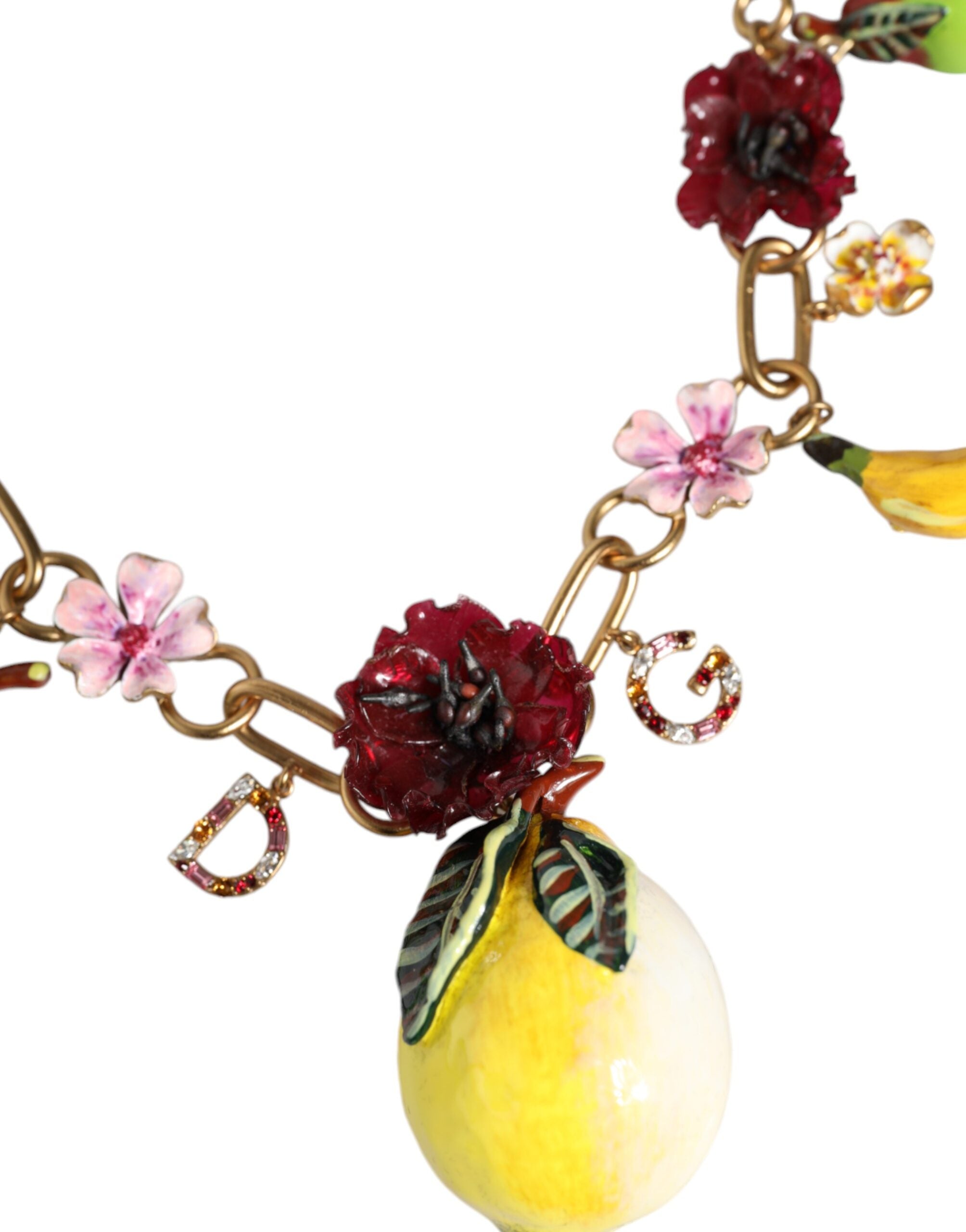 Dolce & Gabbana Brass Fruit Pendants Flowers Crystal Logo Gold Necklace Glam Steals