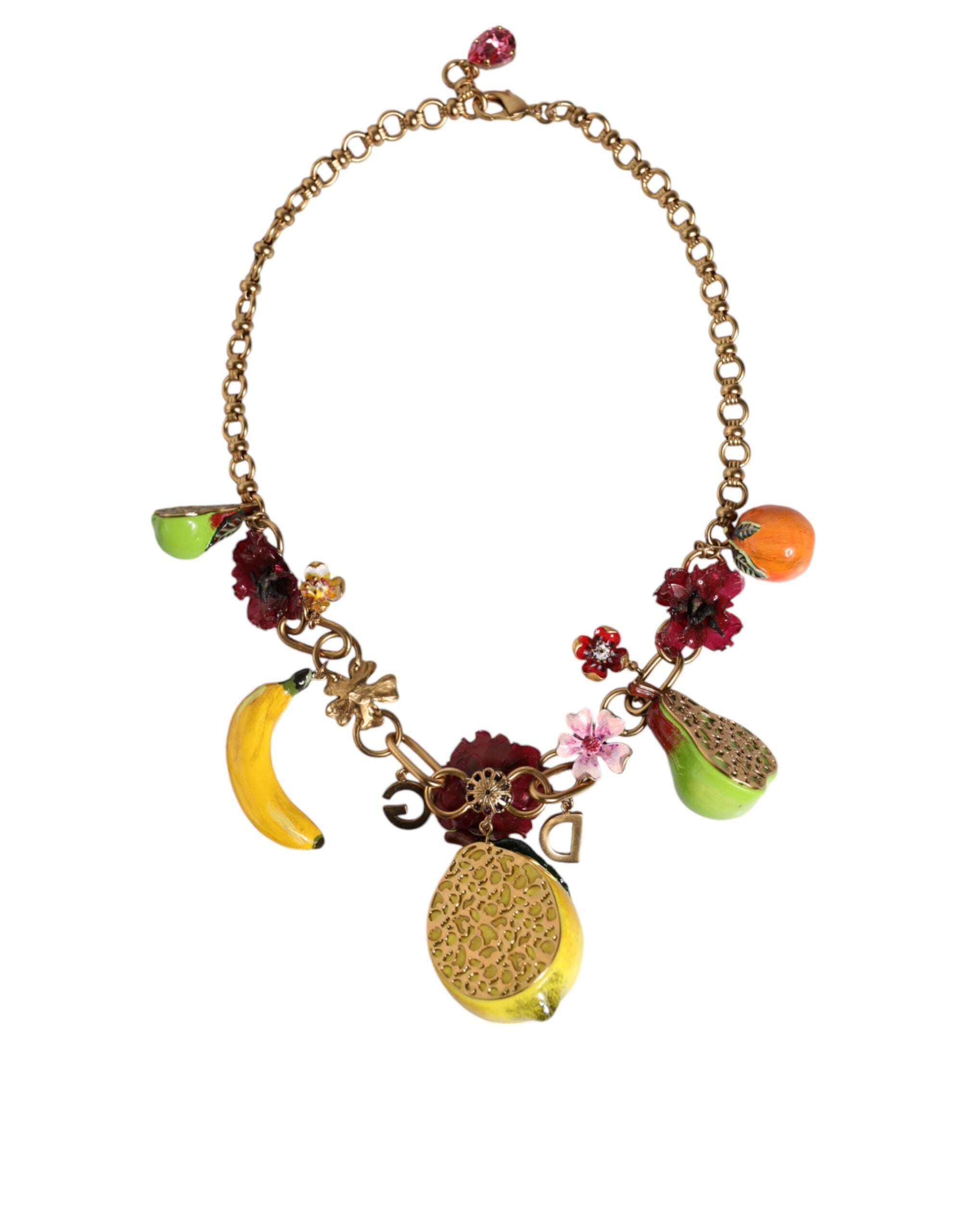 Dolce & Gabbana Brass Fruit Pendants Flowers Crystal Logo Gold Necklace Glam Steals
