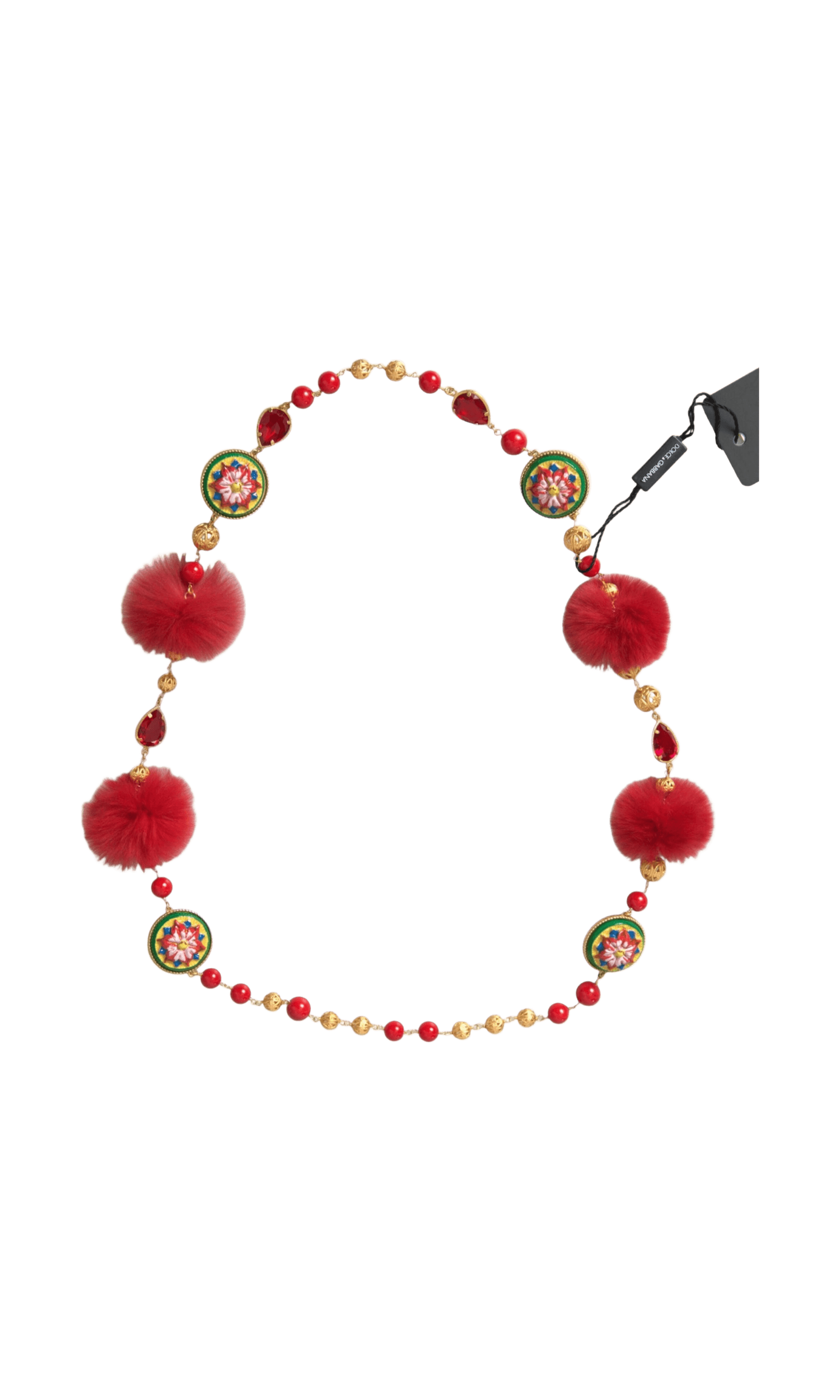 Dolce & Gabbana Brass Fur Crystal Carretto Chain Gold Red Necklace Glam Steals